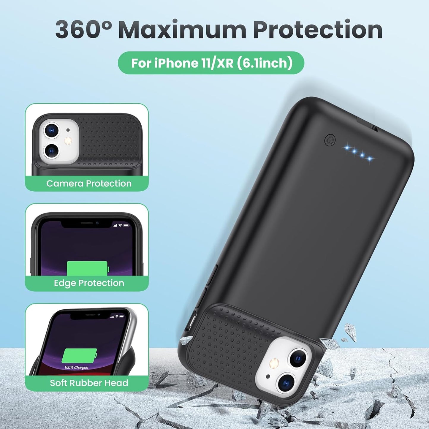 Battery Case for iPhone 11/XR (6.1inch),Upgraded 7500mAh Slim Portable Charger Case Cover,External Battery Pack Charging Case with Tempered-Glass Screen Protector for iPhone 11/iPhone XR (Black)