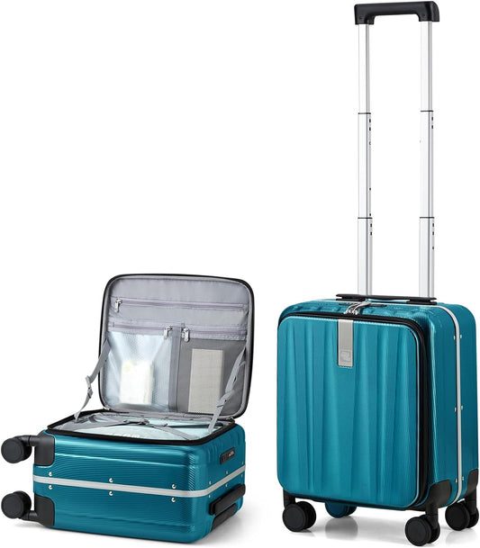 Hanke 16 Inch Small Carry On Luggage Hard Shell Top Opening Aluminum Frame Suitcase with Spinner Wheels, Underseat Front Open Luggage for Men & Women Business Travel and Short Trips, Caribbean Blue