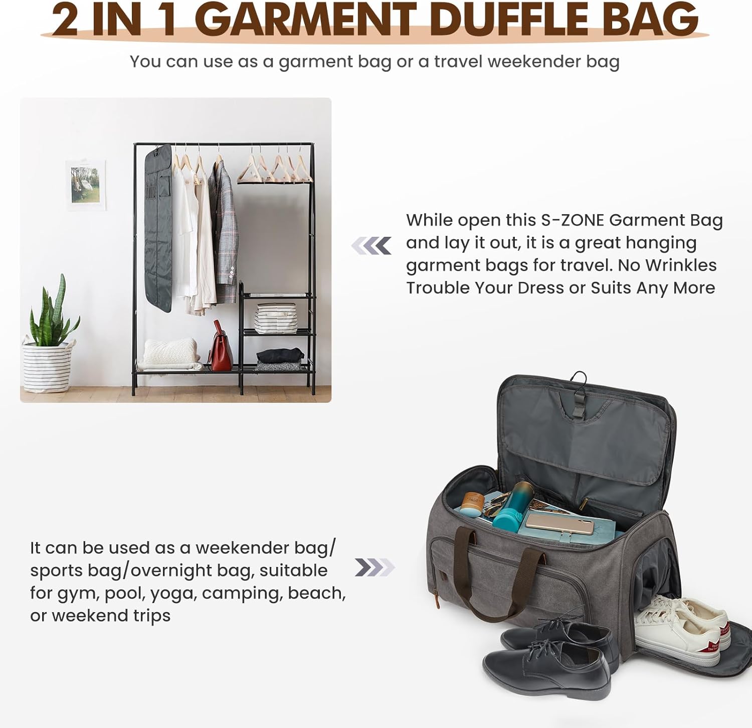 S-ZONE Carry On Garment Bag for Travel Convertible Garment Duffle Bag Suit Bags for Men Women
