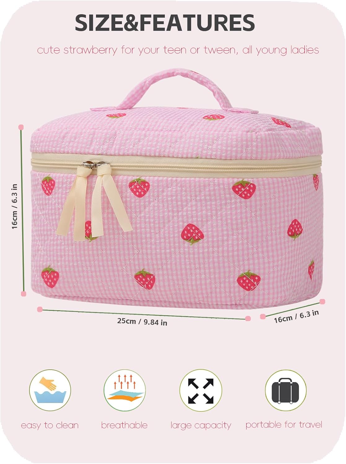 Large Travel Quilted Makeup Bag for Women Girls, Floral Cosmetic Bag, Cute Coquette Aesthetic Flowers Toiletry Organizer Bag Pink Strawberry