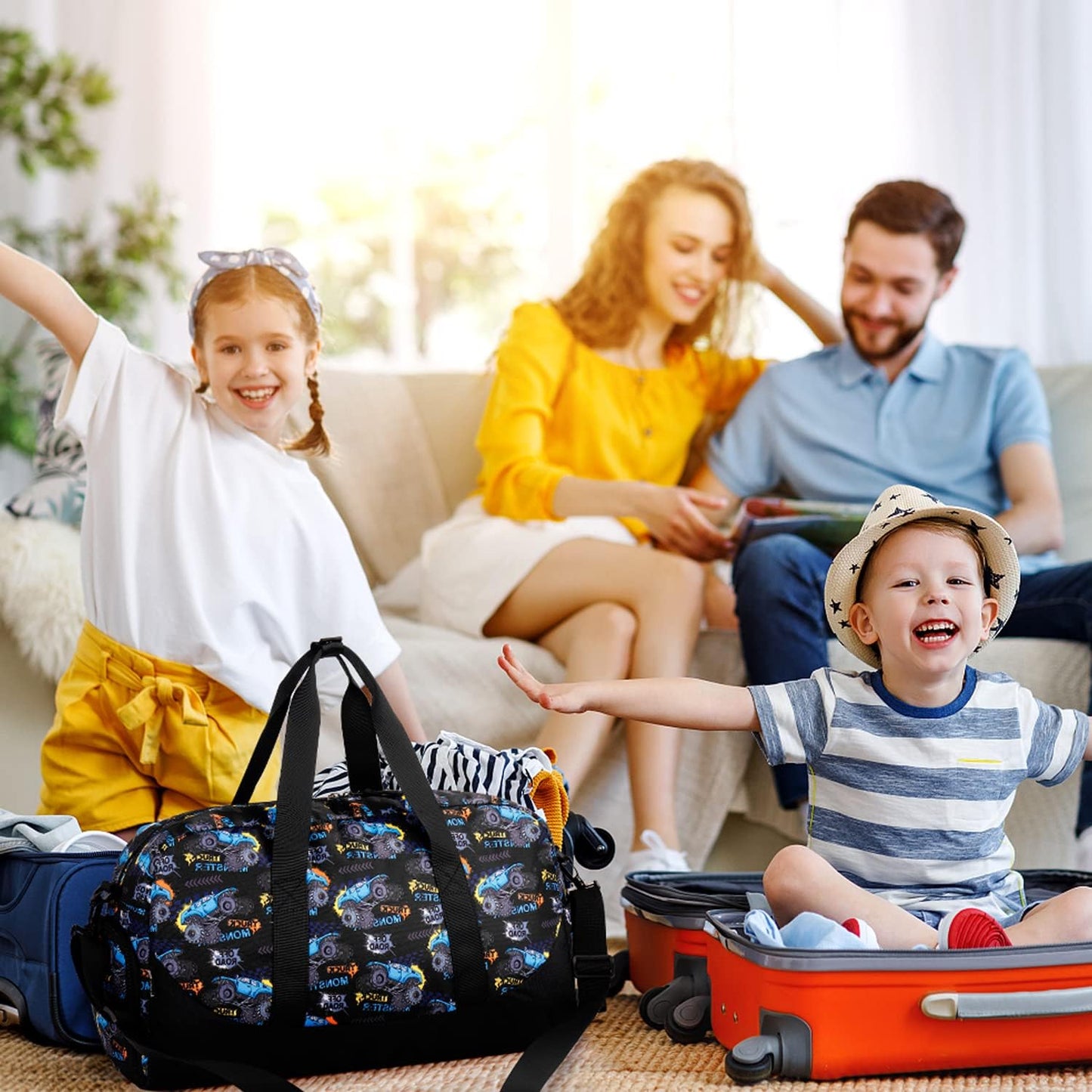 Choco Mocha Kids Monster Truck Duffle Bag - Boys Overnight Bag for Toddler Travel & Sleepover