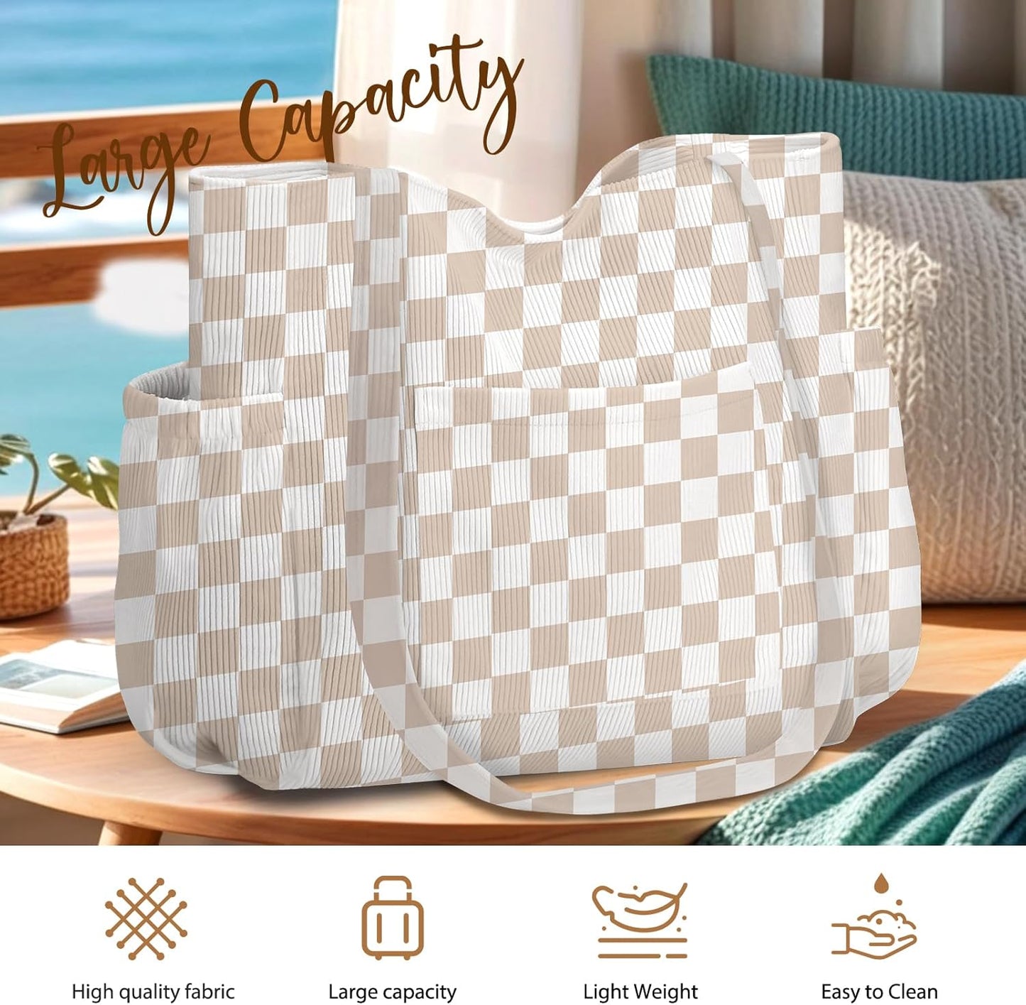 Corduroy Tote Bag for Women,Large Capacity Cute Tote Bags With 6 Pockets,Crossbody Shoulder Handbag