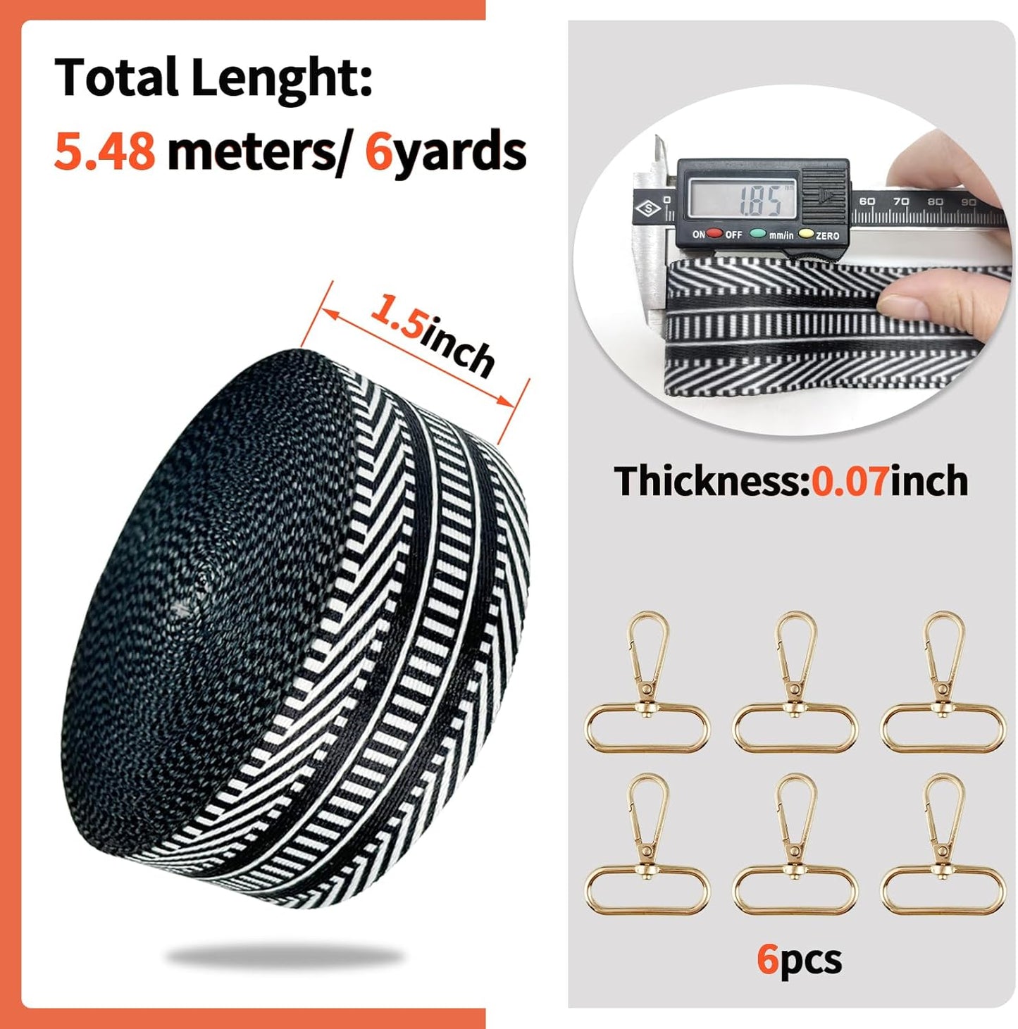 1.5 inch Printed Nylon Webbing Straps for Bags with Buckle 1 1/2 inch 6 Yards Black Strips Thick Patterned Fabric Webbing Luggage Handle Ribbon for Backpack-Home Deco-Clothing-Sewing-DIY Crafts