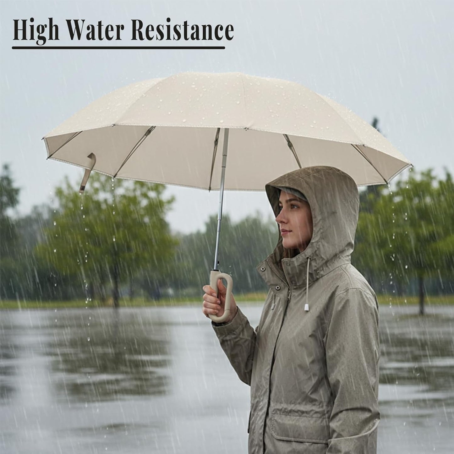 Automatic Travel Umbrella, Beige, Compact Folding Design with One-Touch Open, Lightweight Portable Protection for Rain