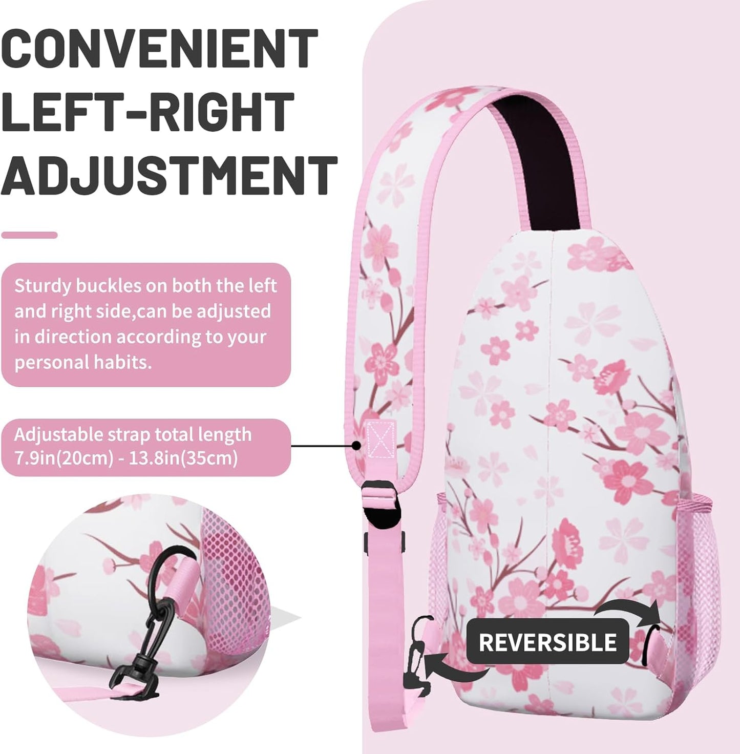 Pink Cherry Blossom Sling Bag Crossbody Chest Bag for Women Men, Water Resistant Lightweight Casual Crossbody Bag with Adjustable Strap, Travel Hiking Daypack Shoulder Backpack