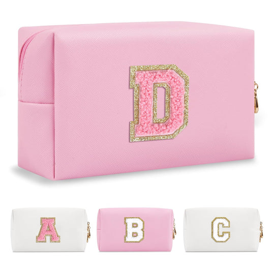 Personalized Initial A-Z Preppy Patch Makeup Bag,Small PU Leather Chenille Letter Cosmetic Bag with Zipper for Teen Girls,Pink Cute Travel Toiletry Bag,Birthday Monogrammed Gift for Daughter,Letter D