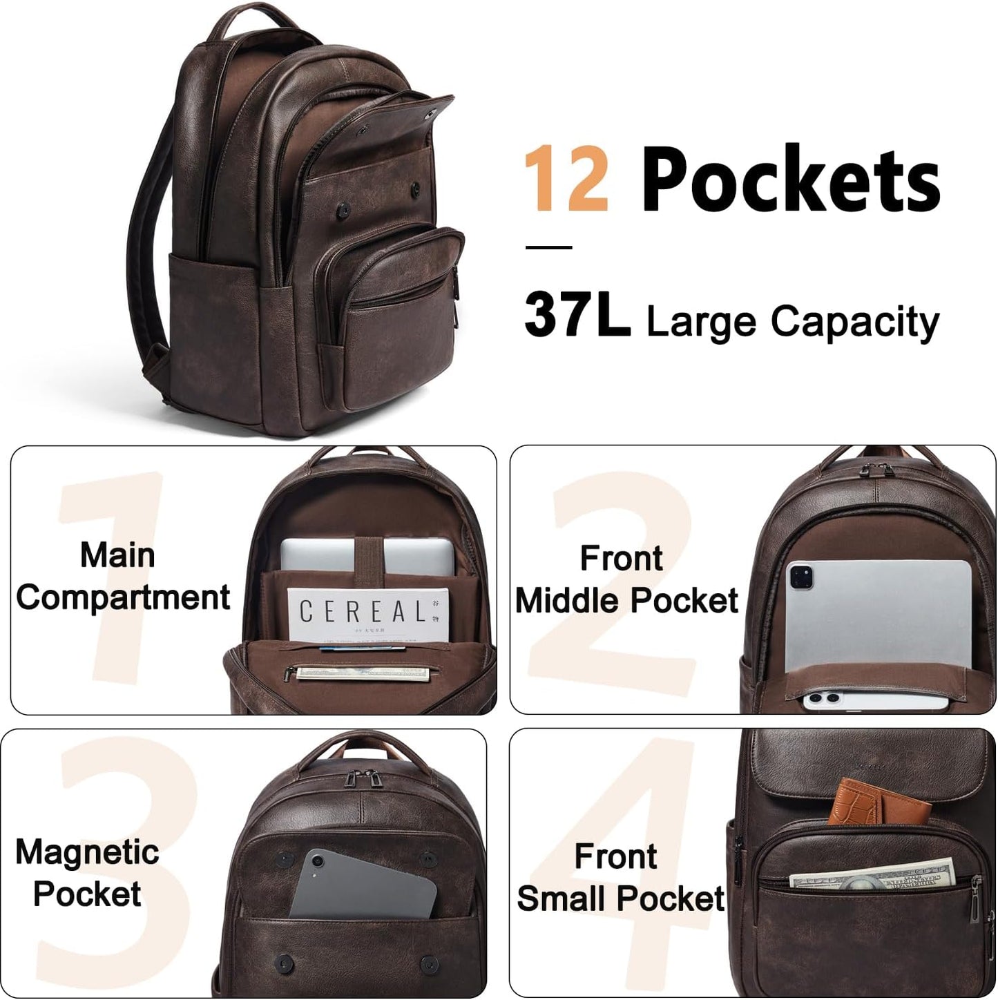 37L Backpack Purse for Women Men for Work Laptop Travel Back Pack Purses Vegan Leather Fashion College Daypack Coffee