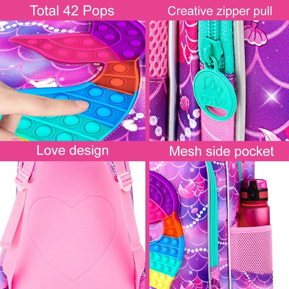 AGSDON 3PCS Mermaid Backpack for Girls, 16" Kids Backpacks Water Resistant with Lunch Box, Bookbag for Elementary Preschool