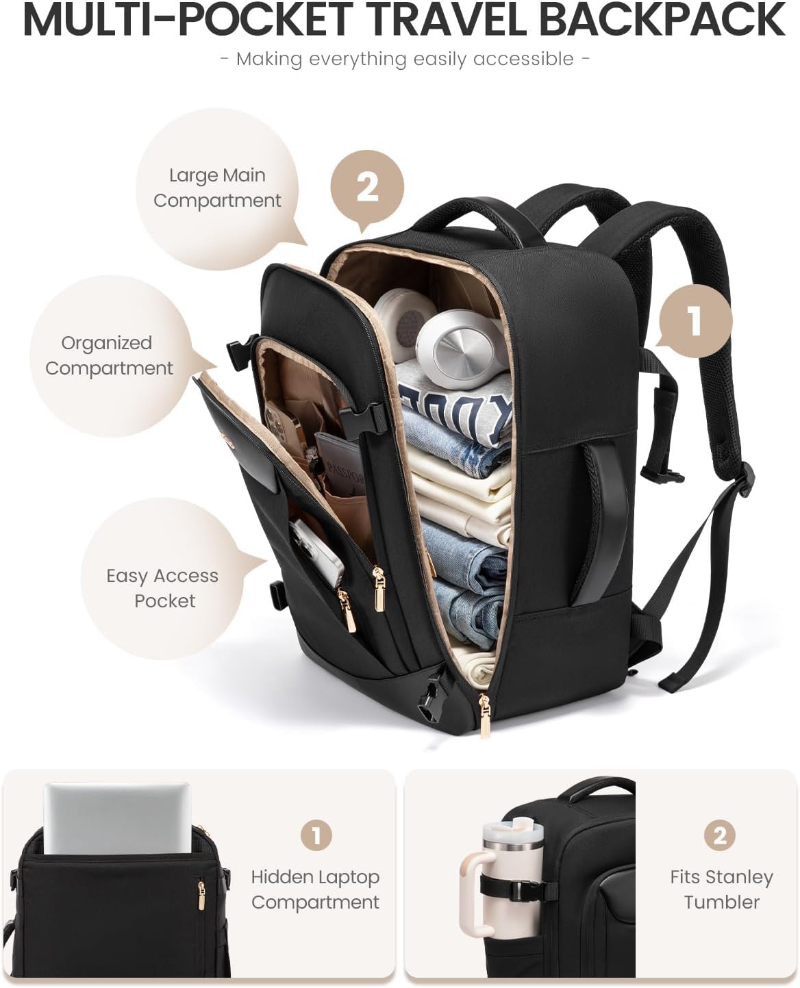 LOVEVOOK 50L Travel Backpack for Women Men, Large Carry on Backpack for Airplanes TSA Personal Item