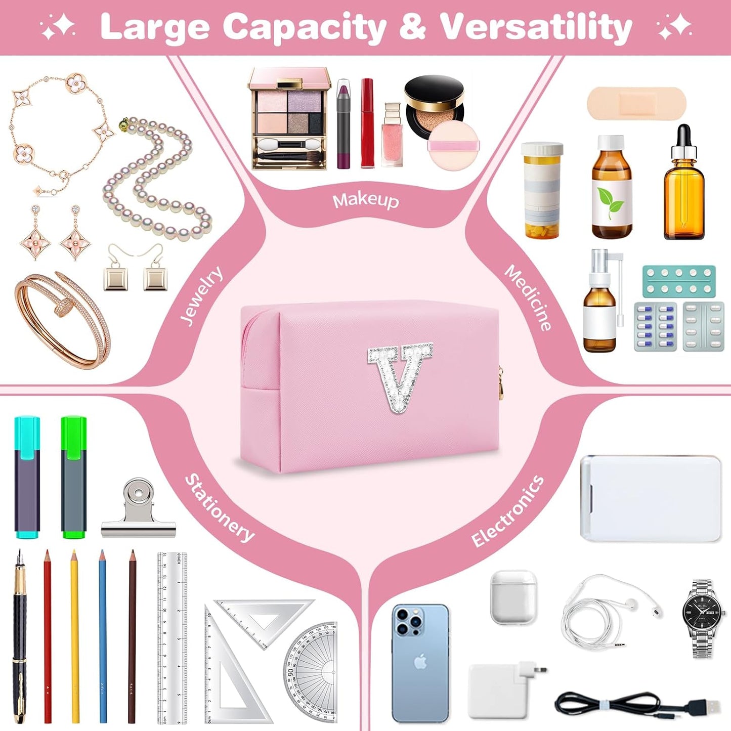 ChaoGreat Bride Gifts – Personalized Initial Makeup Bag with Pearl Rhinestone Patch, Preppy Pink