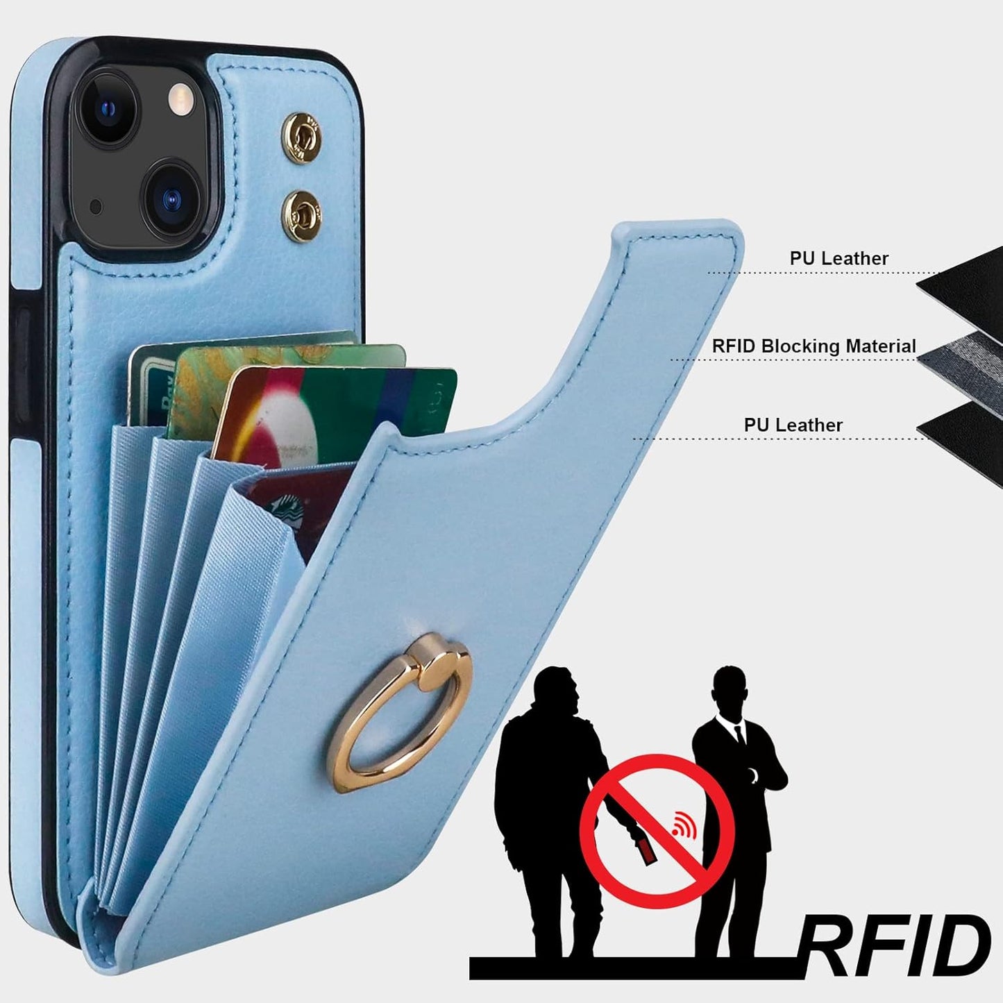 Folosu Compatible with iPhone 14 Case Wallet with Card Holder, 360°Rotation Finger Ring Holder Kickstand, RFID Blocking Leather Protective Double Buttons Shockproof Cover 6.1 Inch Blue