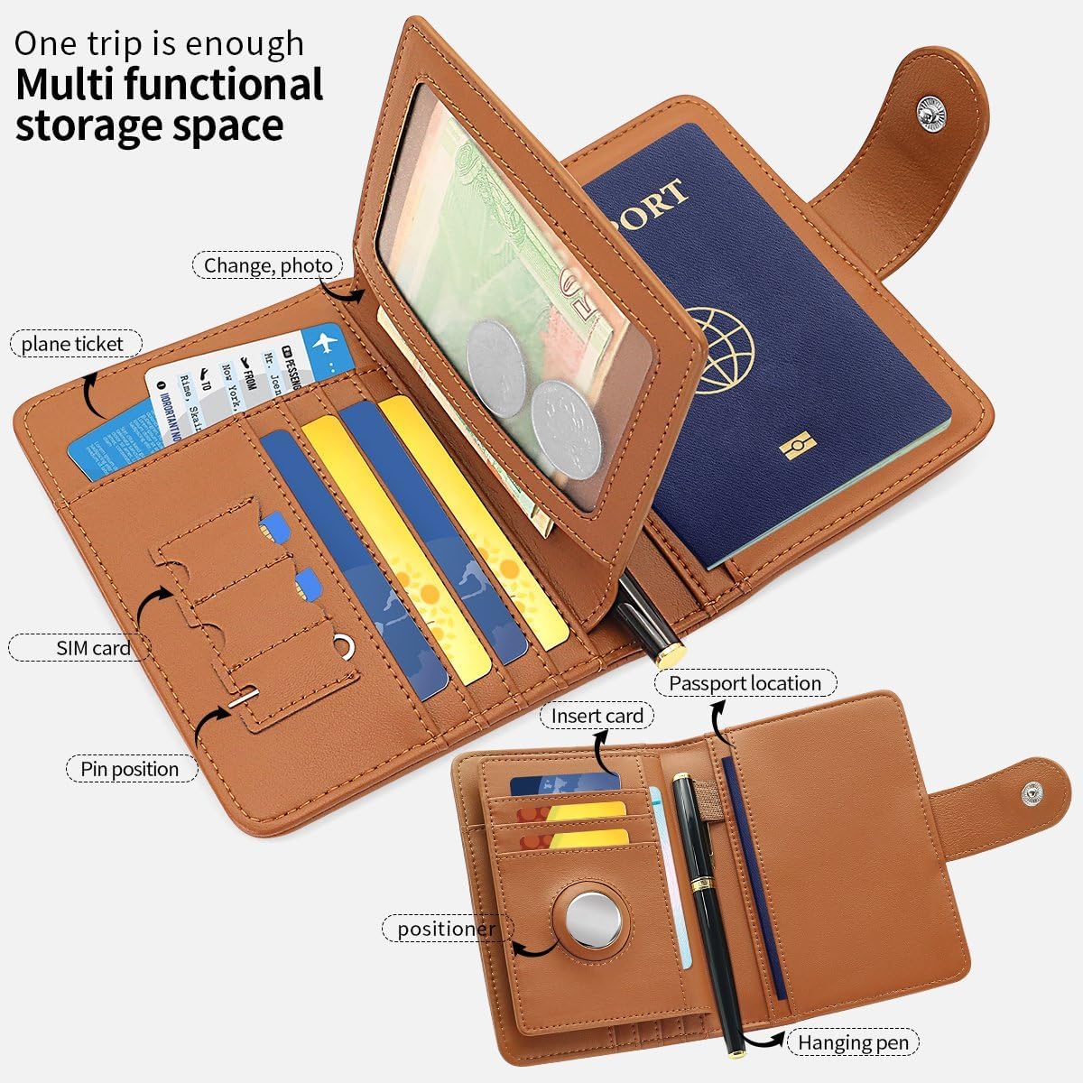 Passport Holder Wallet Bag with AirTag Holder, Card Slots and Passport Solt Ticket Cash Solt, Photo