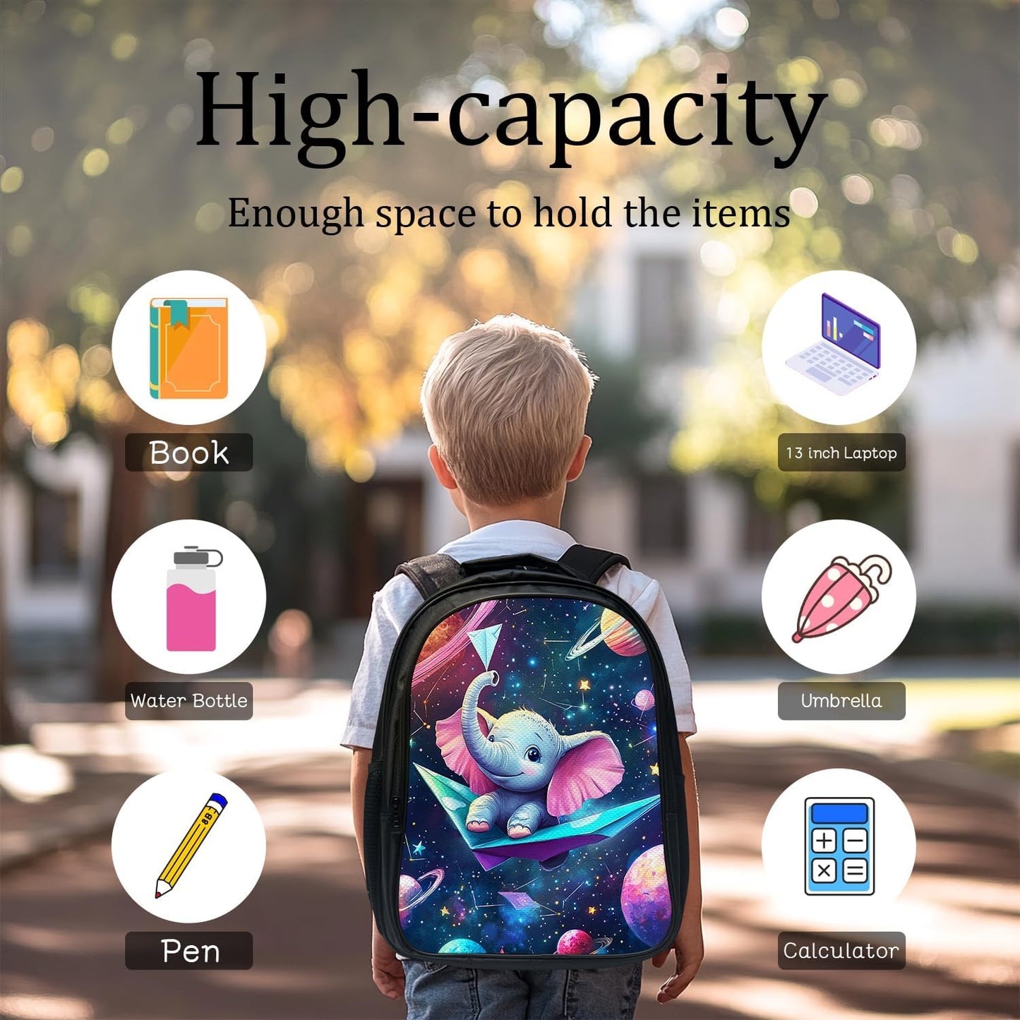 Funny Elephant Backpack Space Galaxy School Bag 3PCS Backpack 16 Inch with Lunch Bag Set Lightweight for Teen Boys Girls Kids Elementary Middle School