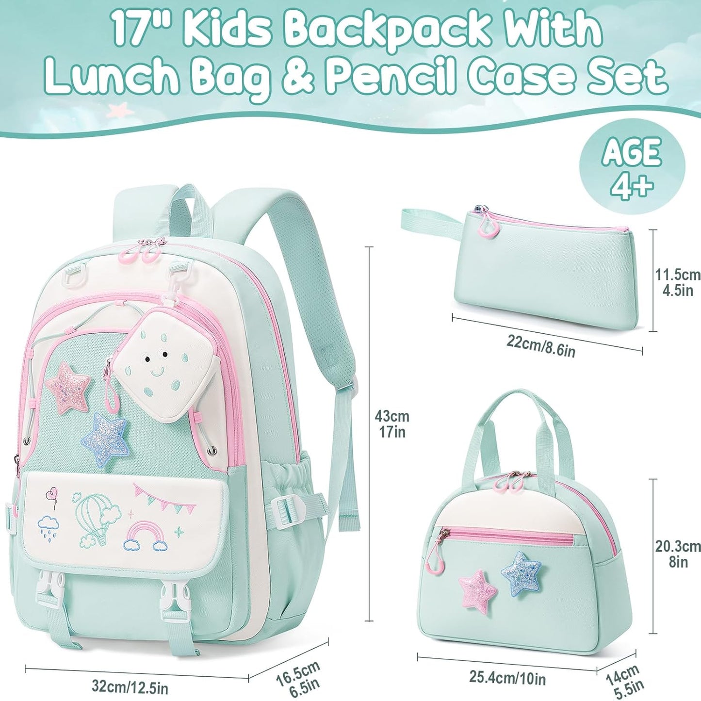 Fimibuke Kids Backpack for Girls, 4 PCS Waterproof Teen Girls Backpack with Lunch Box, Pencil Case & Headphone Bag Set, Cute Bookbag for Elementary Middle High School Student Back to School