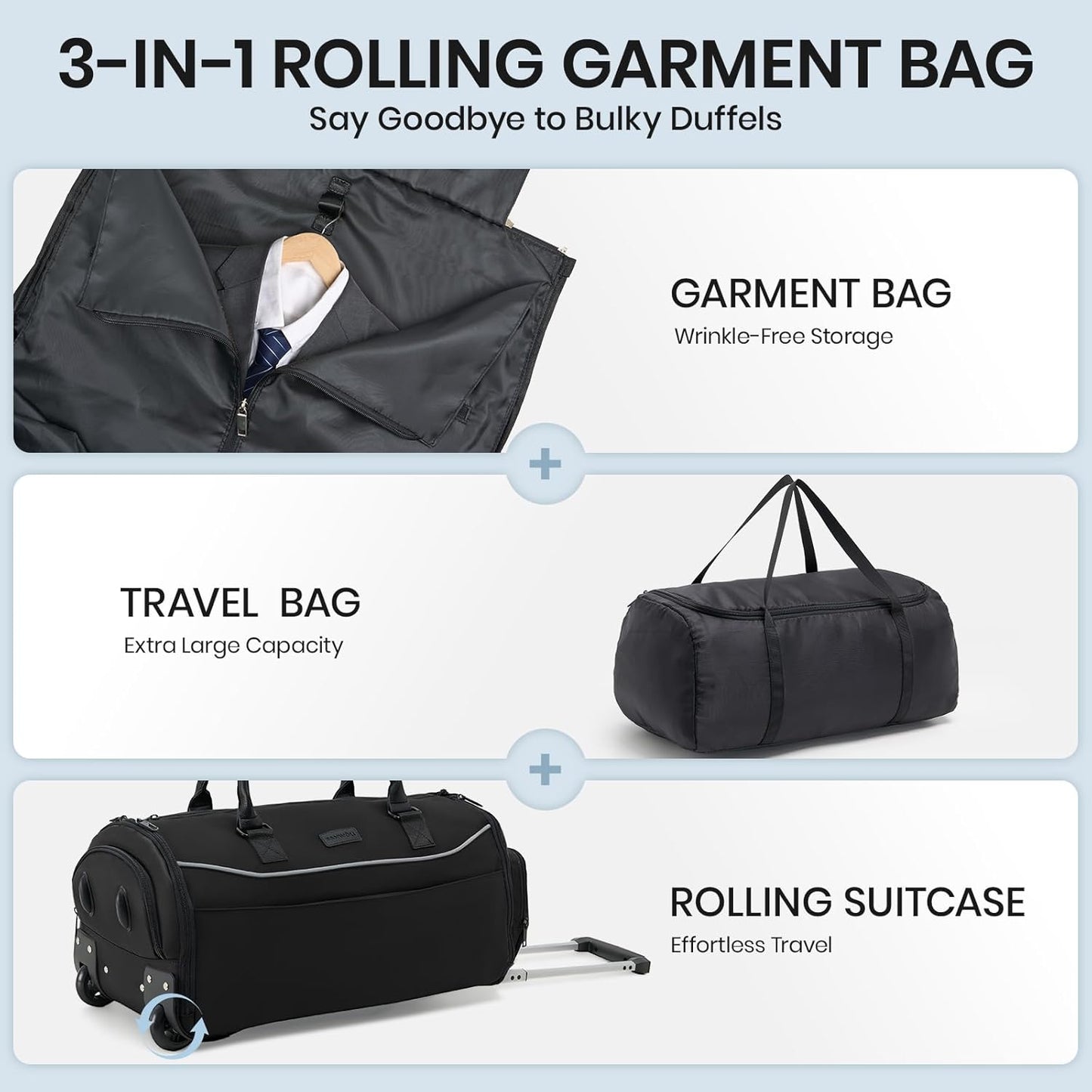 Fanwoli 3-in-1 Rolling Garment Bag for Travel, Wheeled Carry-On Luggage with Shoe Storage & Detachable Organizer, Convertible Duffel Bag for Men Women Business Trips Weekender, Wrinkle-Free
