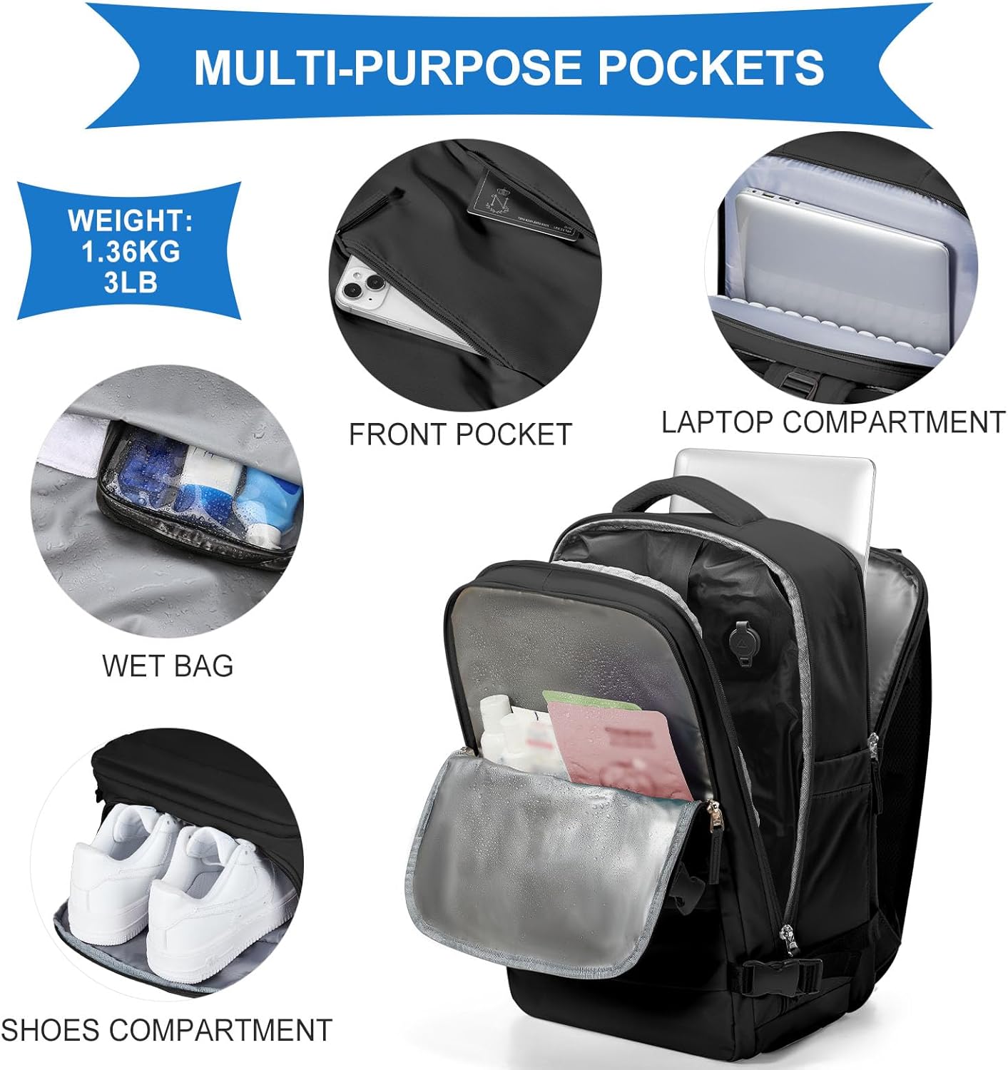 coowoz Vacuum Backpack Travel with Pump,Travel Backpack with Vacuum System For Women Men,Carry On Backpack,Hiking Backpack Waterproof Outdoor Sports Rucksack Casual Daypack,30L(Vacuum pump),Black