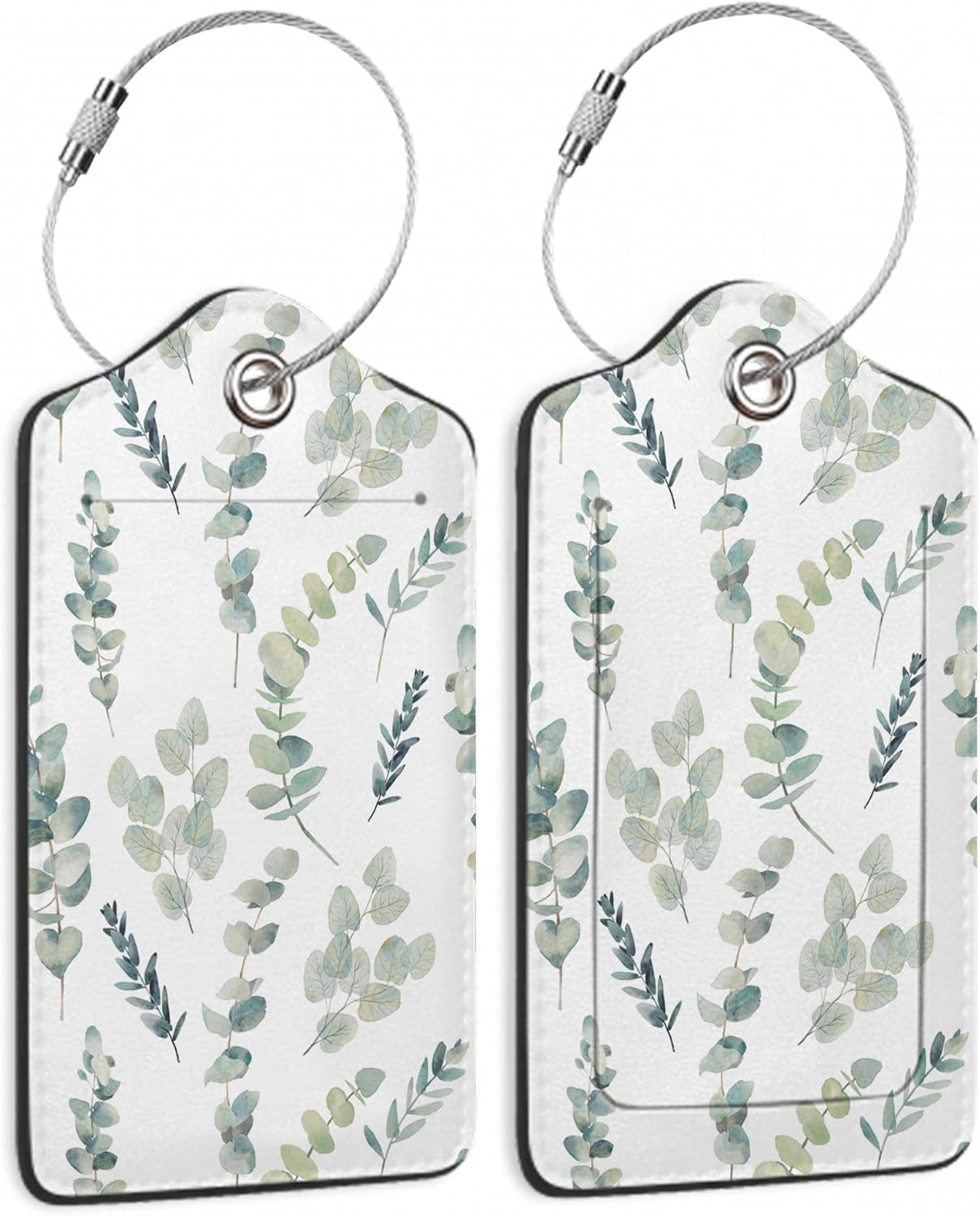 Luggage Tags Set of 2 Eucalyptus Leaves Watercolor Leather Suitcase Tags with Stainless Steel Loop and Privacy Cover for Women Men Travel Luggage Accessories