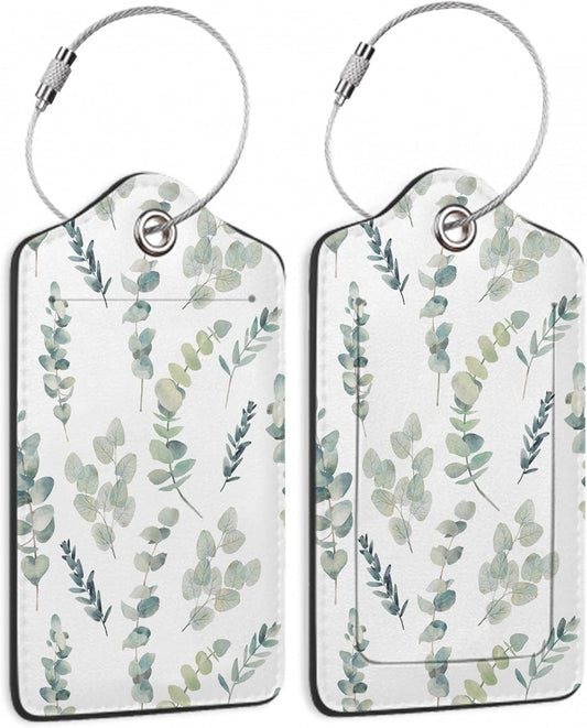 Luggage Tags Set of 2 Eucalyptus Leaves Watercolor Leather Suitcase Tags with Stainless Steel Loop and Privacy Cover for Women Men Travel Luggage Accessories