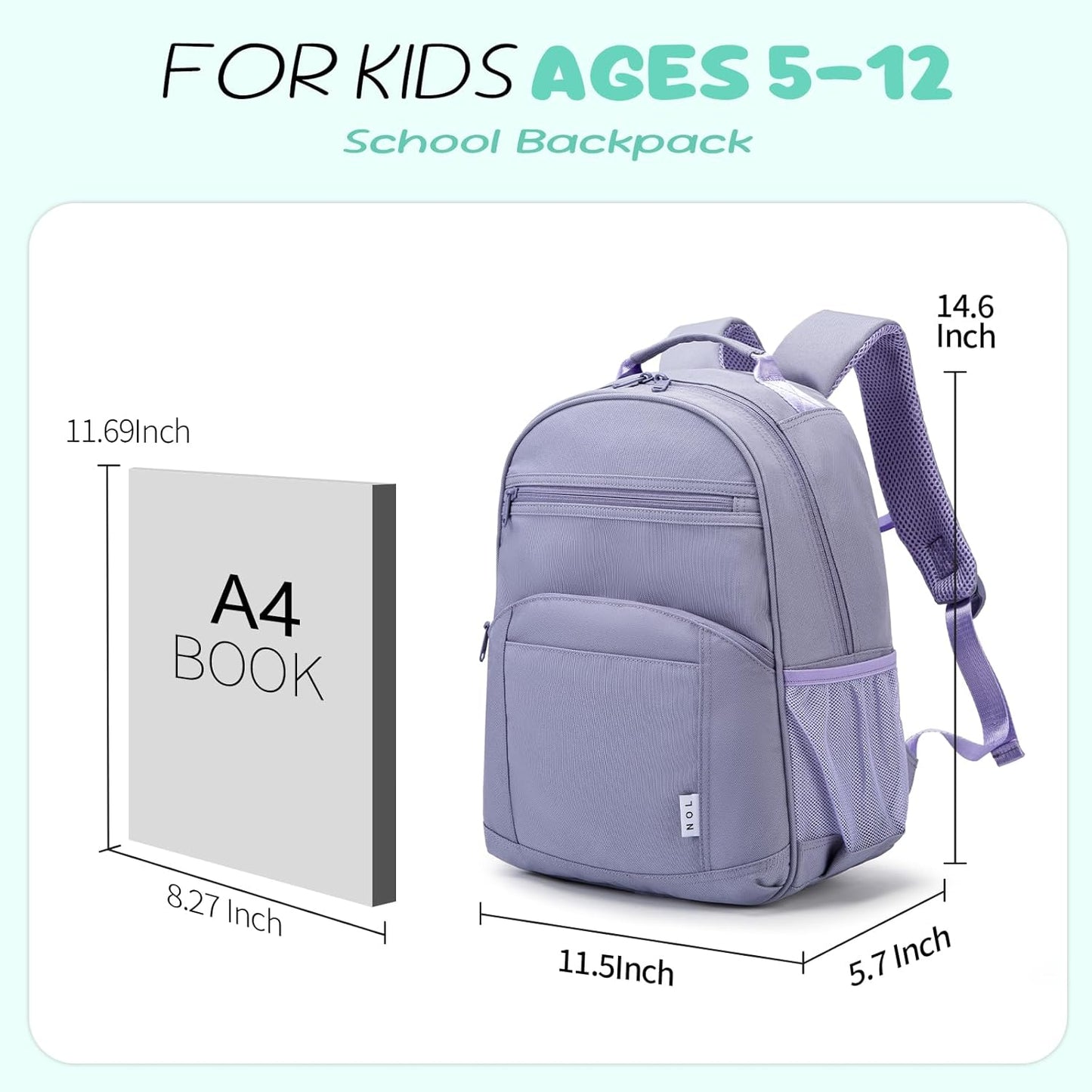 NOL Natural Organic Lifestyle Kids Backpack, School Backpacks for Teens Girls Boys, School Bookbag with Pencil Bag & Reflective Stripe for Elementary School - Light purple