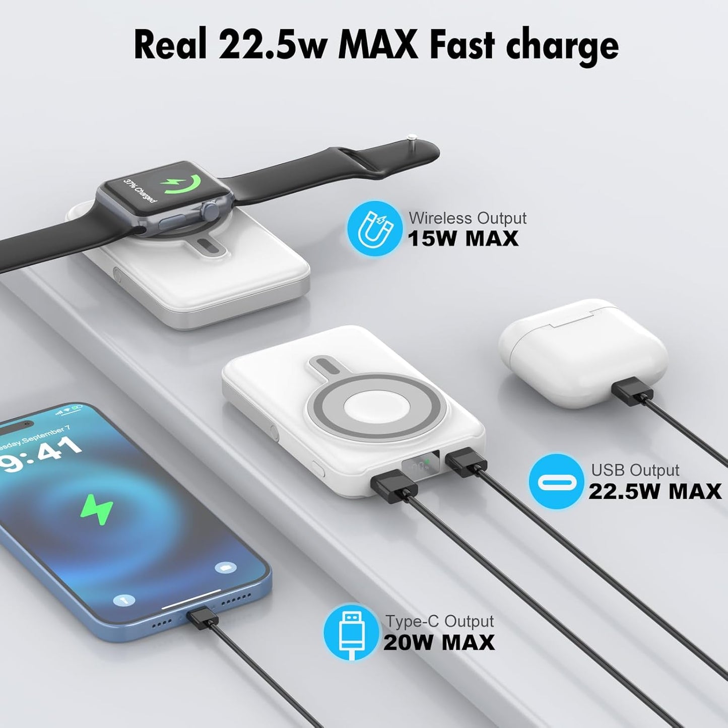 Wireless Portable Charger,3-in-1 Magnetic Power Bank 10000mAh with LED Display,22.5W Fast Charging Mag-Safe Battery Pack,Compatible with iPhone 15/14/13/12, Apple Watch Series, Airpods (White)
