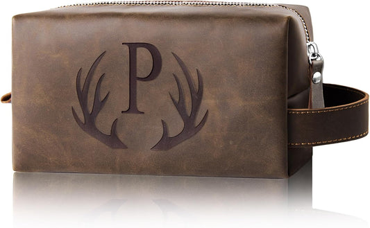 Personalized Travel Toiletry Bag for Men Initial Letter PU Leather Waterproof Shaving Bag for Toiletries Accessories Travel Essentials Storage Bags Fathers Day Birthday Gifts for Men (P)