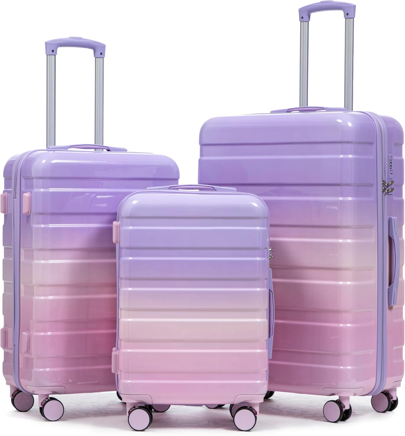 Campfun 3 Piece Luggage Sets, PC Gradient Color Suitcase Set with Double Spinner Wheels Hang Hook, Durable Carry On Luggage with Combination Lock, 20/24/28 inch, Purple+Pink