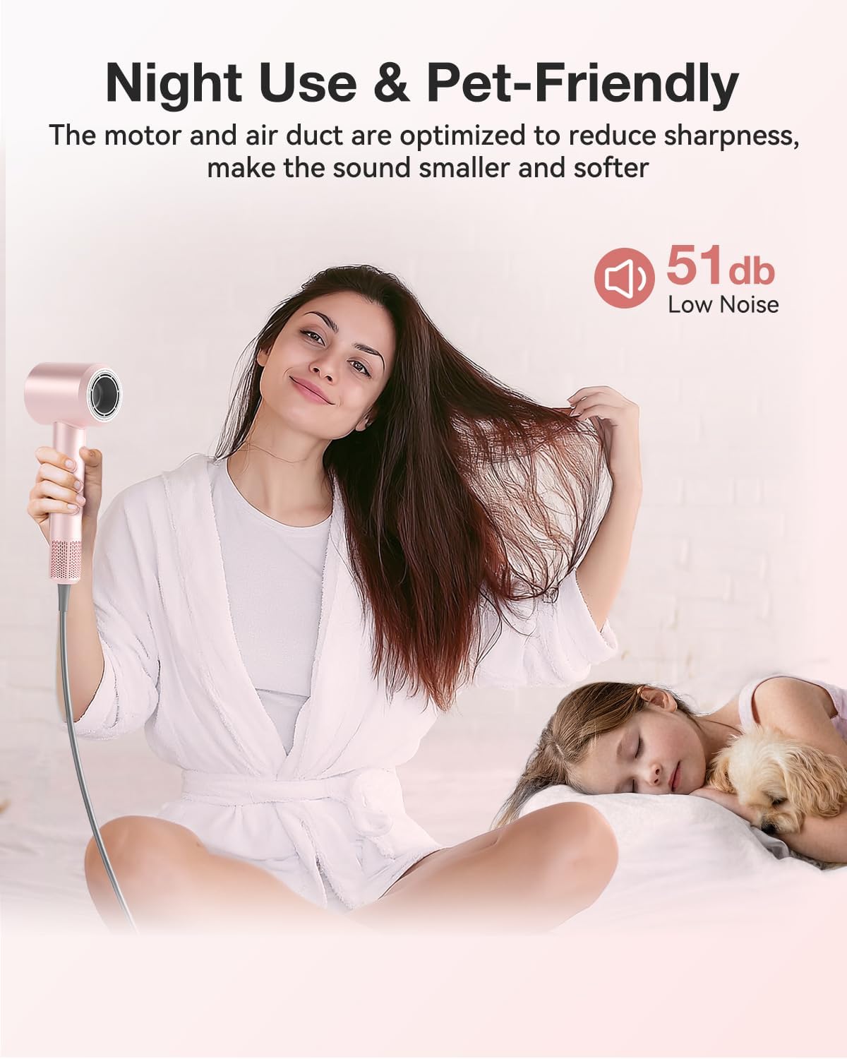 Hair Dryer, High-Speed Ionic Low Noise Blow Dryer with 160000 RPM Motor for Fast Drying, Thermo-Control Portable Hair Blow Dryer with Magnetic Nozzle for Home Travel Salon (P2306F Pink)