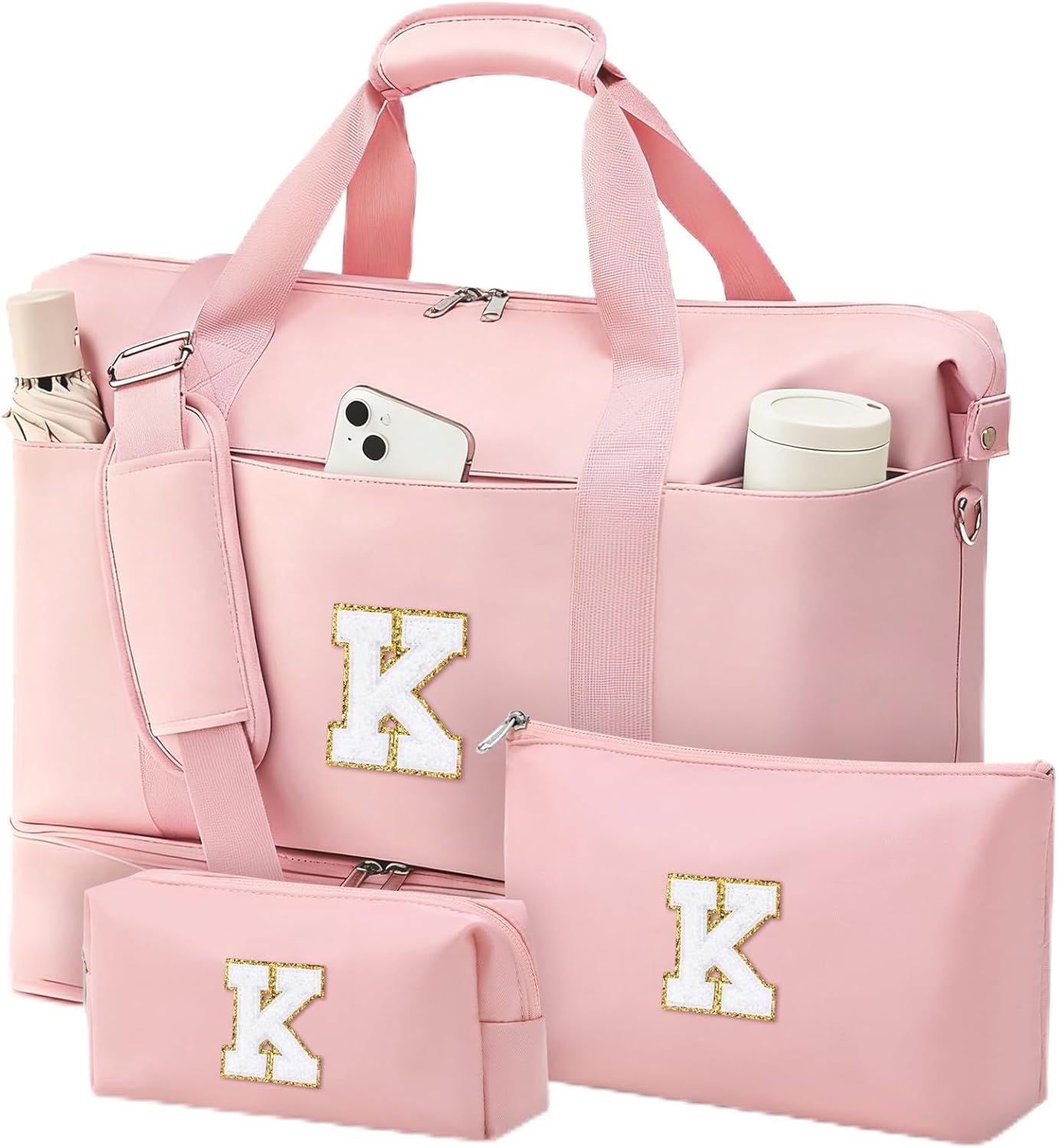 Personalized Initial Travel Duffle Bag for Women, Dance Bags with Foldable Shoe Compartment, Carry-On Weekender Duffel, Gifts for Teenage Girls, Water Resistant, Pink Letter K