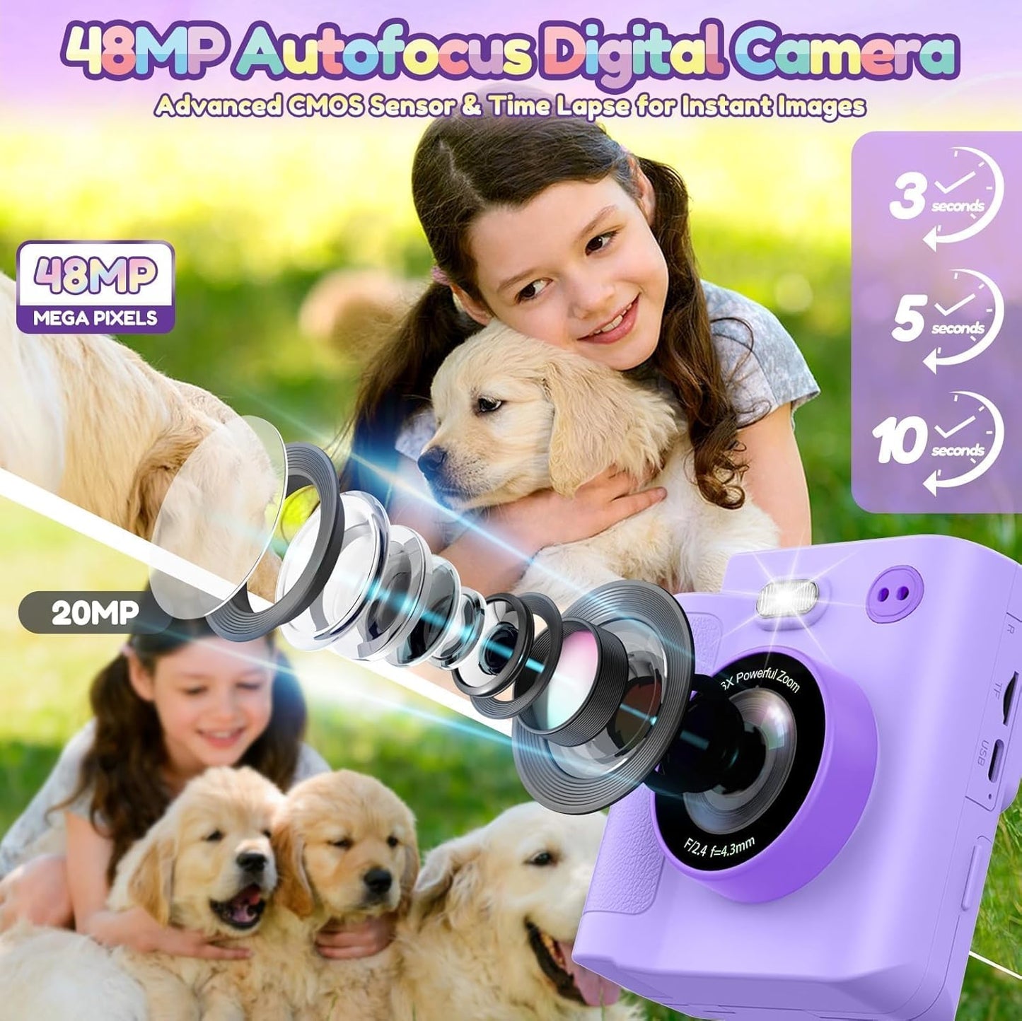 Kids Camera Gift for Girls: Selfie Digital Instant Print Cameras HD Toys for Kids Teen Girls Boys Ages 3 4 5 6 7 8 9 10 12 Birthday Christmas Valentines Easter Gifts with 32G SD Card Purple