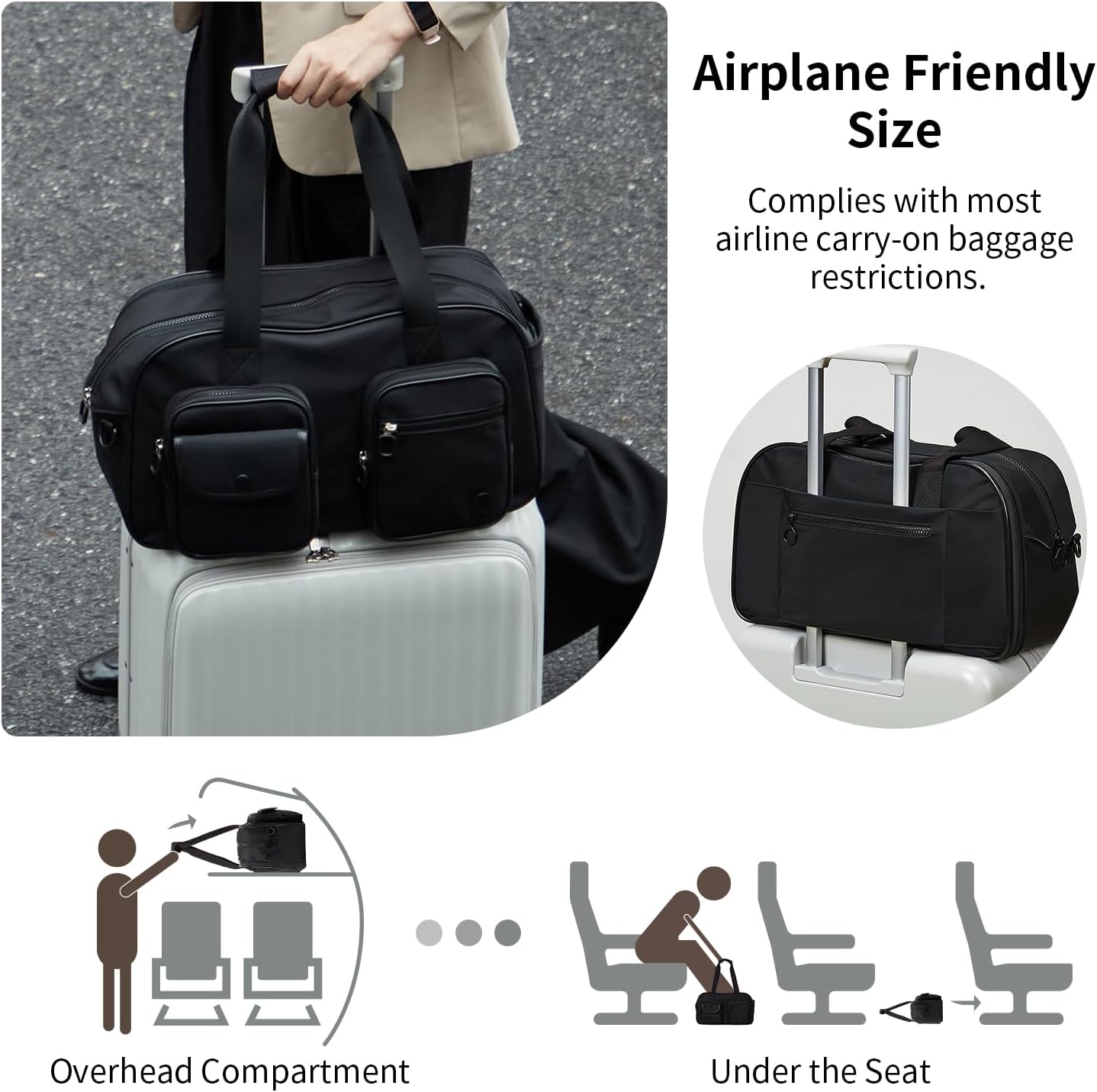 Aji Expandable Travel Duffel Bag, Elegant Black Duffle Bag for Travel with Wet Pocket, Carry on Weekender Bags for Men Women, Water Resistant Gym Duffel Bag Sport Bag