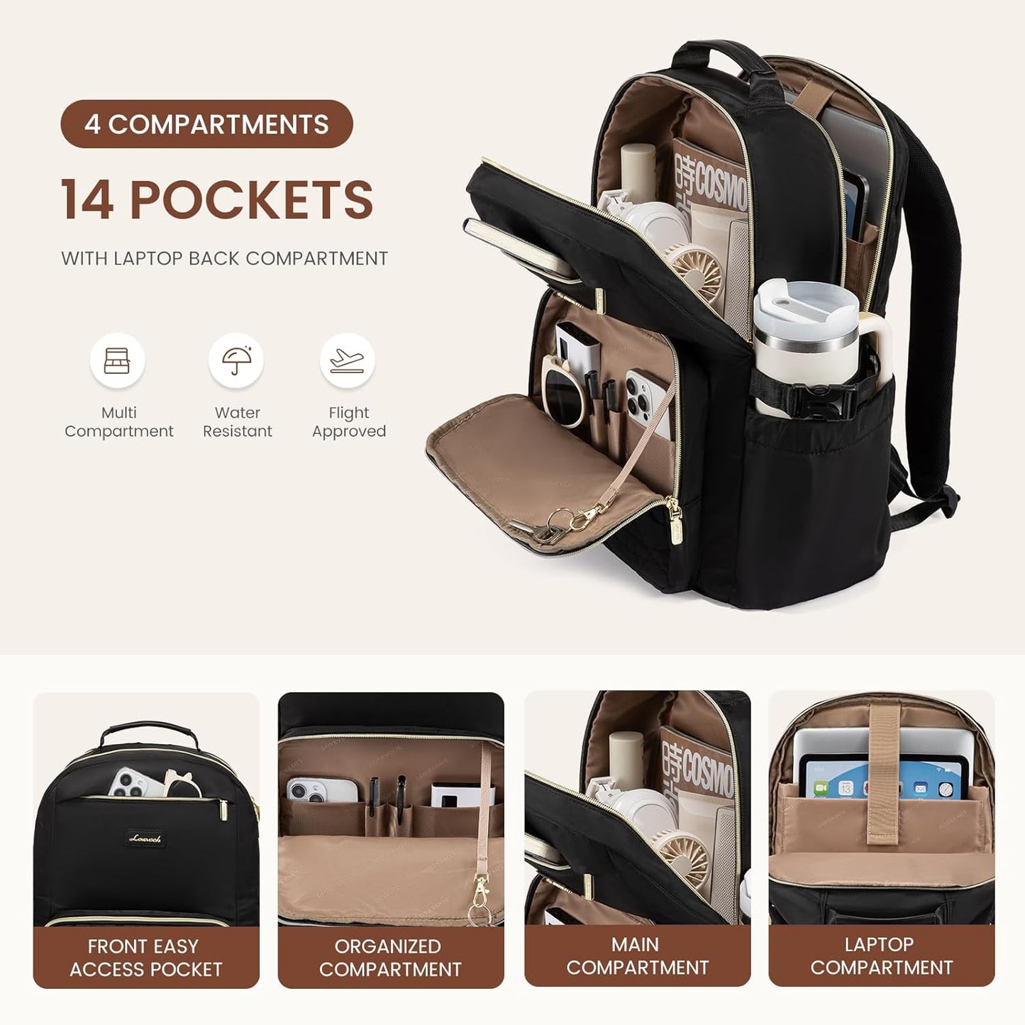 LOVEVOOK Laptop Backpack for Women with Pouch Pocket for Large Capacity Cup,18 Inch Teacher Nurse College Work Backpack Purse,Waterproof Laptop Bag Computer Back Pack for Travel,Black+Wicker pattern