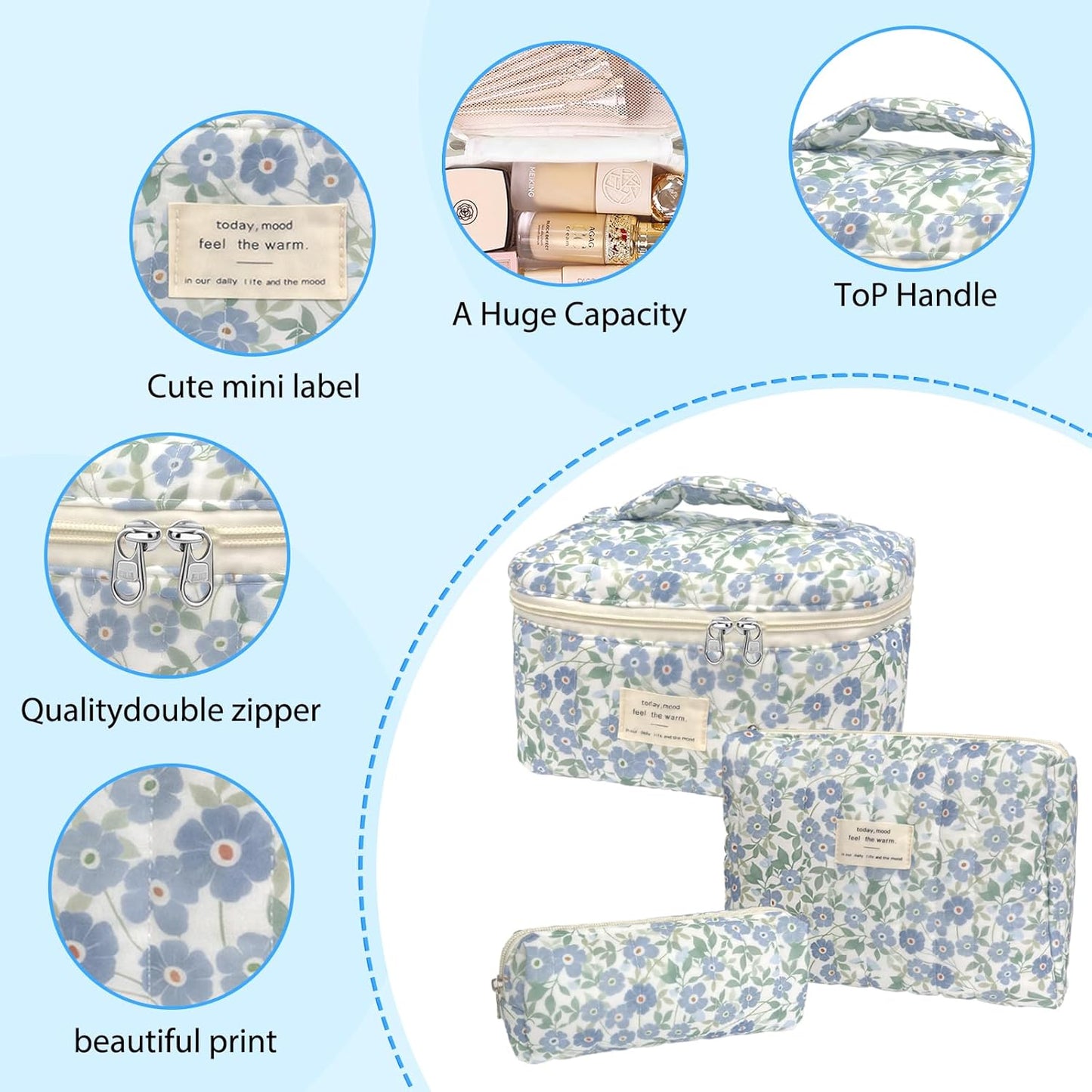 Quilted Makeup Bag, Large Capacity Travel Cosmetic Bag for Women and Girls, Aesthetic Storage for Daily and Travel Use (3pcs-ditsyfloral)