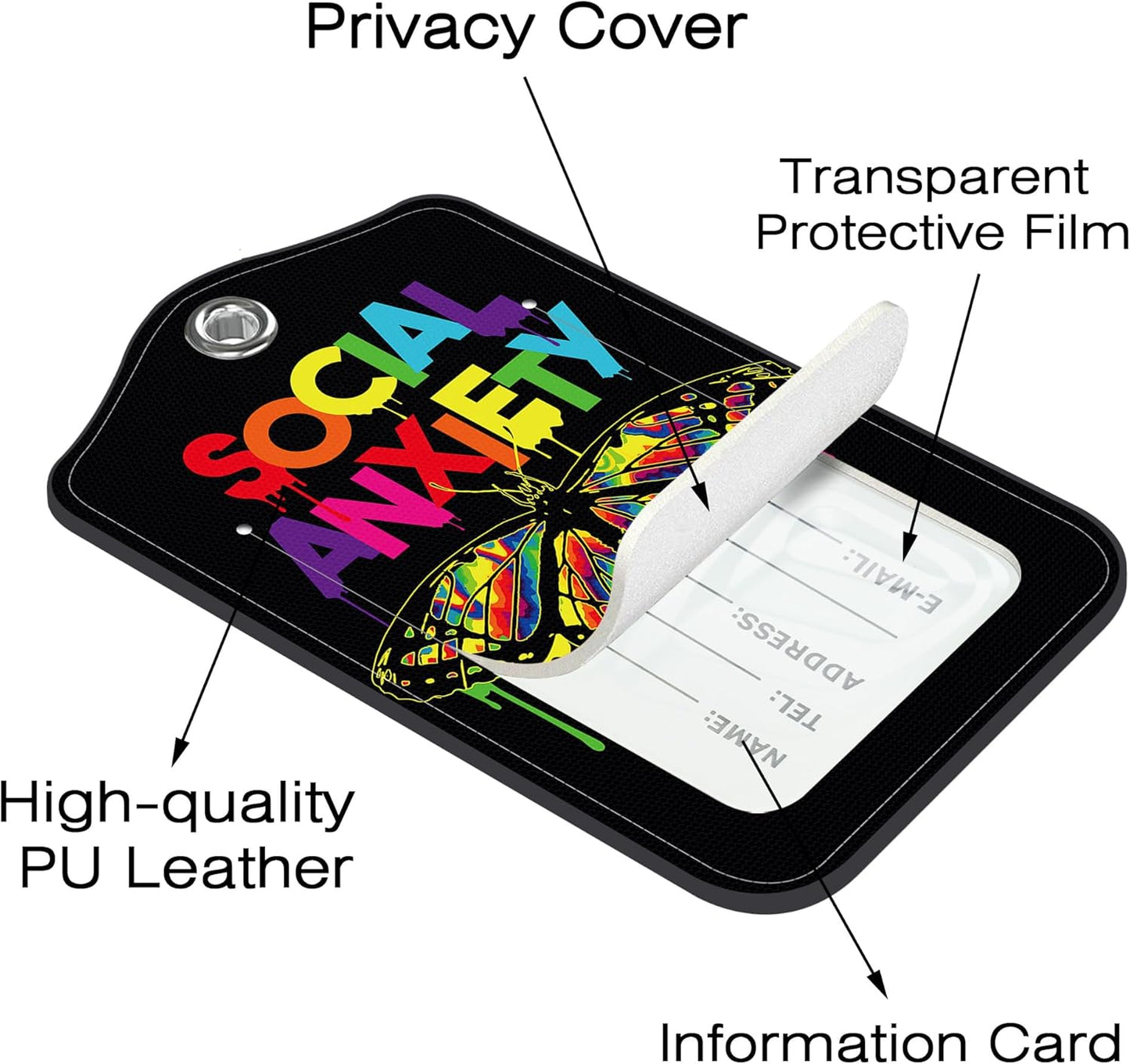 2 Pack Luggage Tags,Social Anxiety Slogan PU Leather Idea Baggage Tag with ID Labels Privacy Cover Metal Ring Men and Women Travel Bag Labels