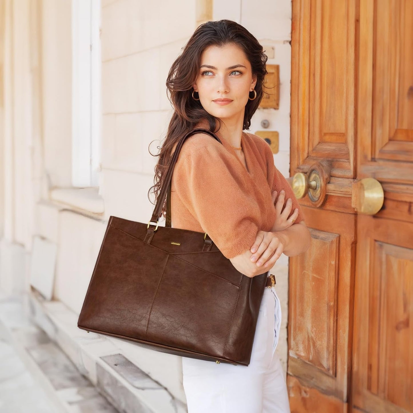 LOVEVOOK Vintage Leather Work Tote - 15.6 Inch Laptop Bag for Women, Waterproof Business Bag &