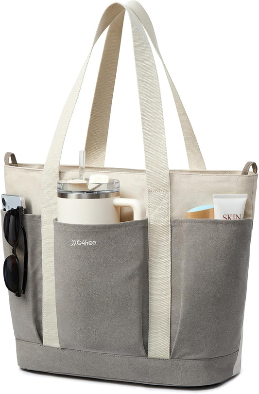 G4Free Large Canvas Tote Bag for Women with Zipper Fit 15.6" Laptop, Everything Tote Bags with Pockets for Work, Travel