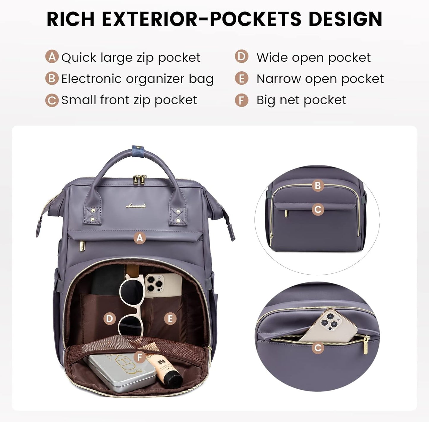 LOVEVOOK Leather Laptop Backpack for Women 18 inch,Travel Backpack Purse Nurse Teacher Backpack Computer Laptop Bag,Professional College Business Work Bags Carry On Backpack with USB Port,Grey Purple