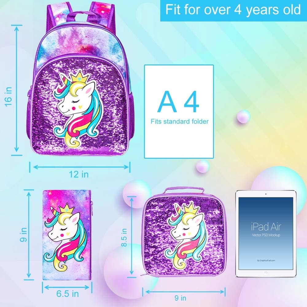3PCS Girls Backpack, 16" Kids Sequins Unicorn Bookbag with Lunch Box, School Bags for Elementary Preschool Kindergarten - Purple
