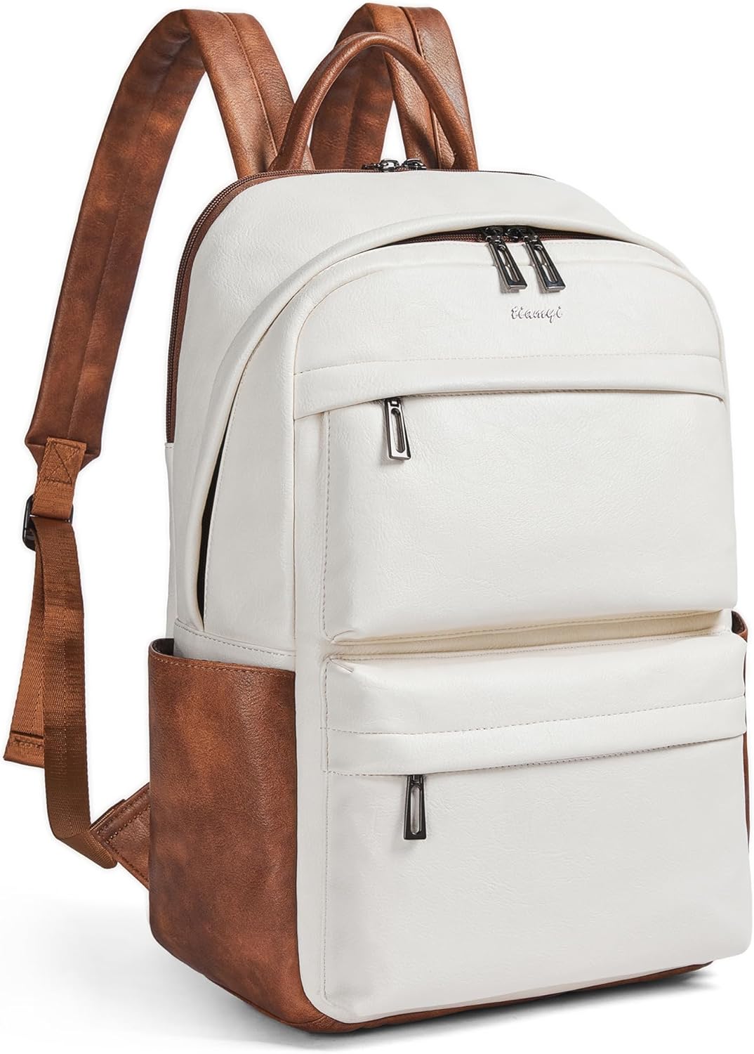 Leather Laptop Backpack for Women, Fits 15.6 Inch Laptop, Leather Backpack with 2 Water Bottle Pockets, Hidden Zipper and Luggage Strap, Ideal for Work, Travel, College, Everyday Use, Beige