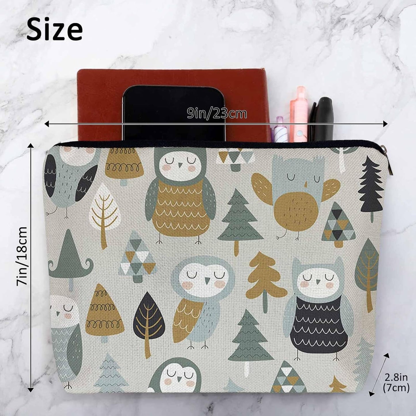 Owl Cosmetic Travel Bag, Cute Owls Woodland Trees Makeup Bag, Toiletry Bags for Women, Flax Cosmetic Bags, Make Up Bag Purse Toiletries Bag Birthday Gift