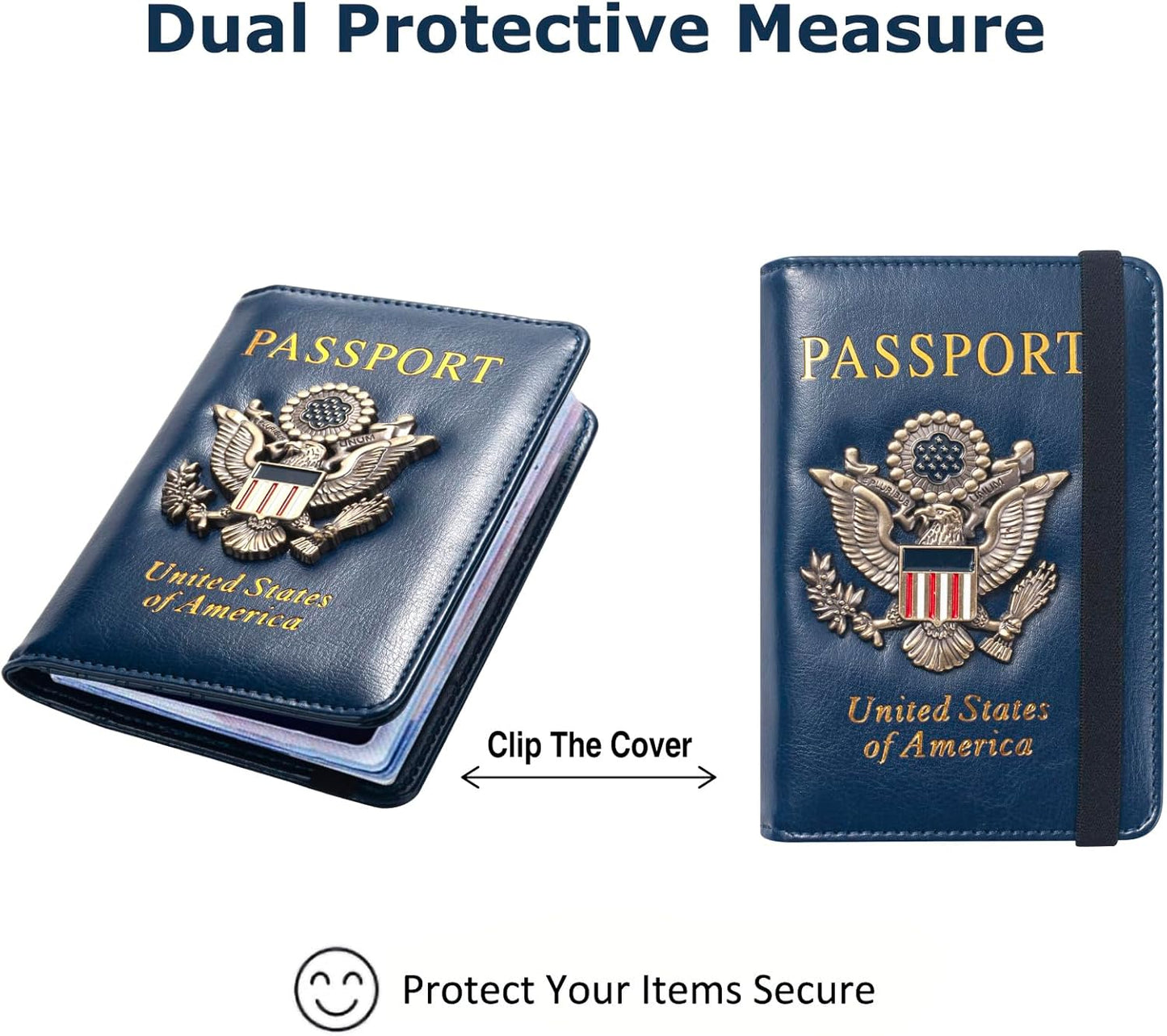 Passport Holder for Travel Men Women, RFID Blocking Passport Cover Leather Passport Wallet With 3D Metal Badge Waterproof Passport Case Travel Wallets Accessories Document Organizer (Navy Blue)