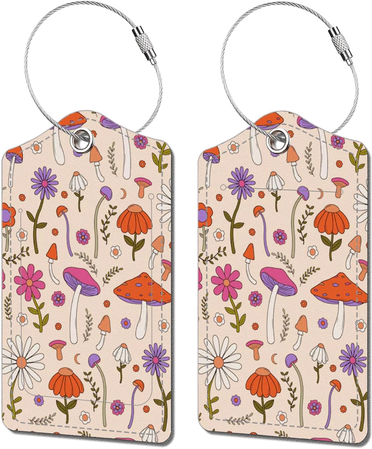 2 Pack Luggage Tags for Suitcase, Funny Creative Mushroom Leather Suitcase Tags Cruise Ship with Privacy Cover and Double Metal Loop for Women Men Girls Boys Travel Baggage Bag Backpack Tags