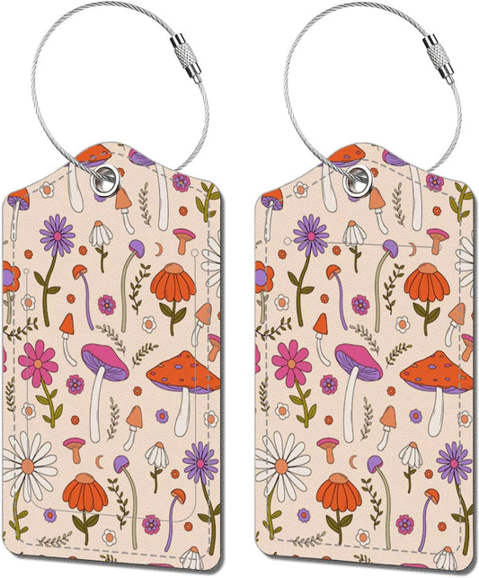 2 Pack Luggage Tags for Suitcase, Funny Creative Mushroom Leather Suitcase Tags Cruise Ship with Privacy Cover and Double Metal Loop for Women Men Girls Boys Travel Baggage Bag Backpack Tags