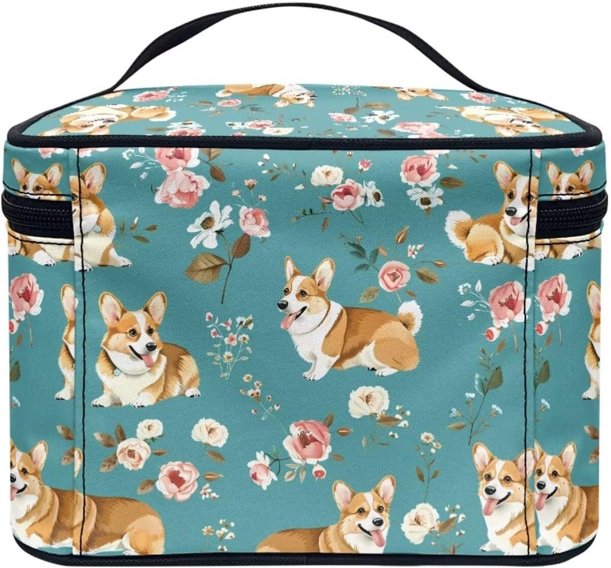 JoyLamoria Corgi Floral Makeup Bag Handbag Tote Bag Casual Cute Cosmetic Bag Brush Bag Toiletry Bag