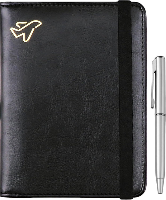 WALNEW Passport Holder for Travel, RFID Passport Cover Wallet for Women Men, PU Leather Passport Book Card Holder Case with Pen, Travelling Essentials for Flying