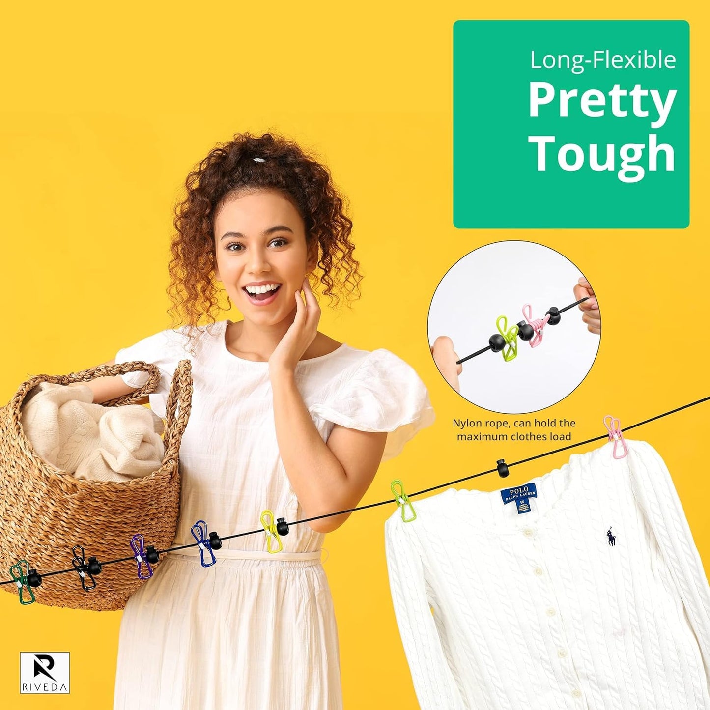 RIVEDA 2 Pack Travel Clotheslines with 12 Colorful Clips Each & 2 Bags, Cruise RV & Camping