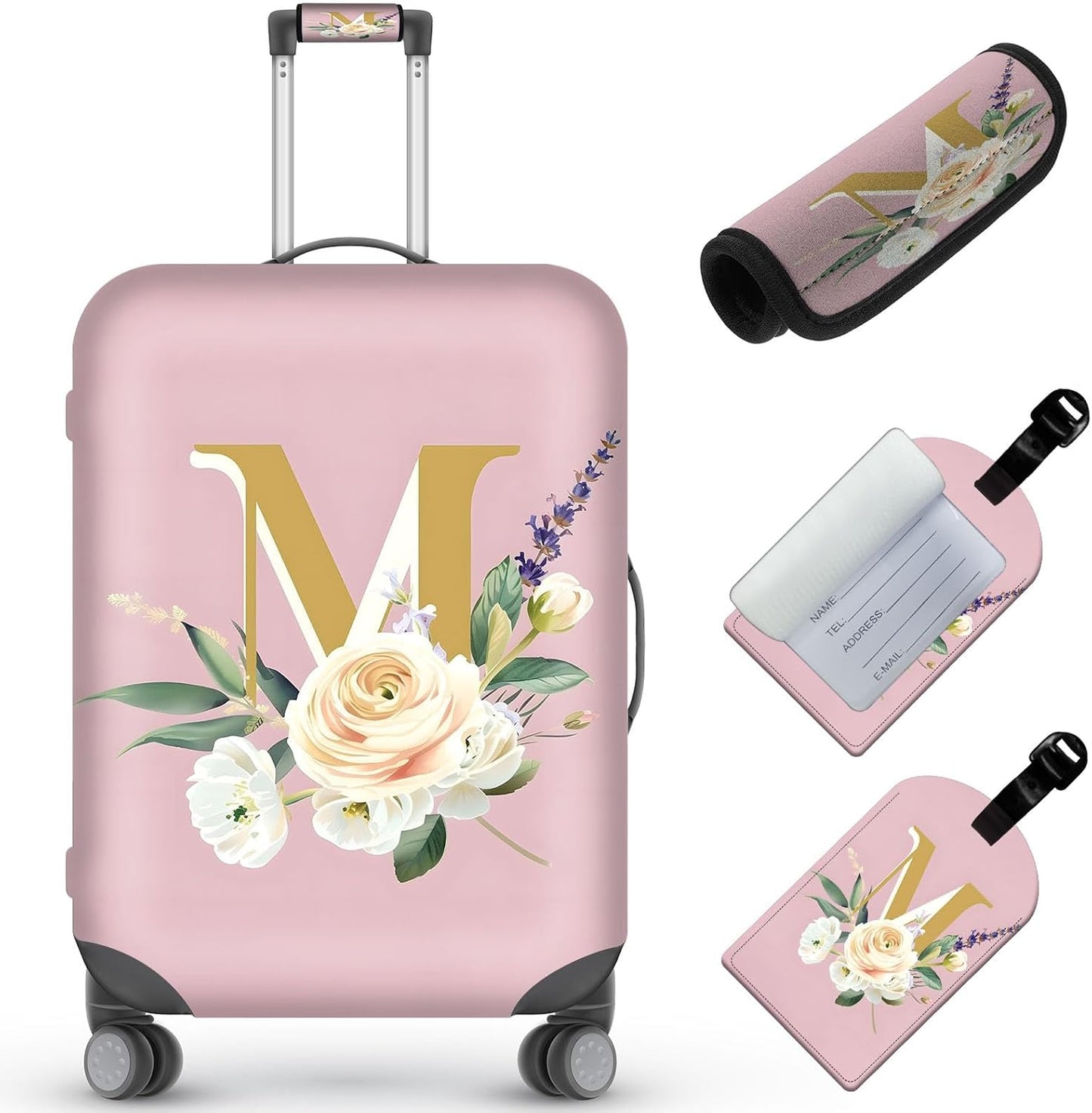 Travel Luggage Cover,Floral Letter M Theme Suitcase Cover Accessory Kit, Luggage Tag, and Comfortable Luggage Handle Wrap, Washable Zipper Close Luggage Suitcase Protector (18-20 inch,S)