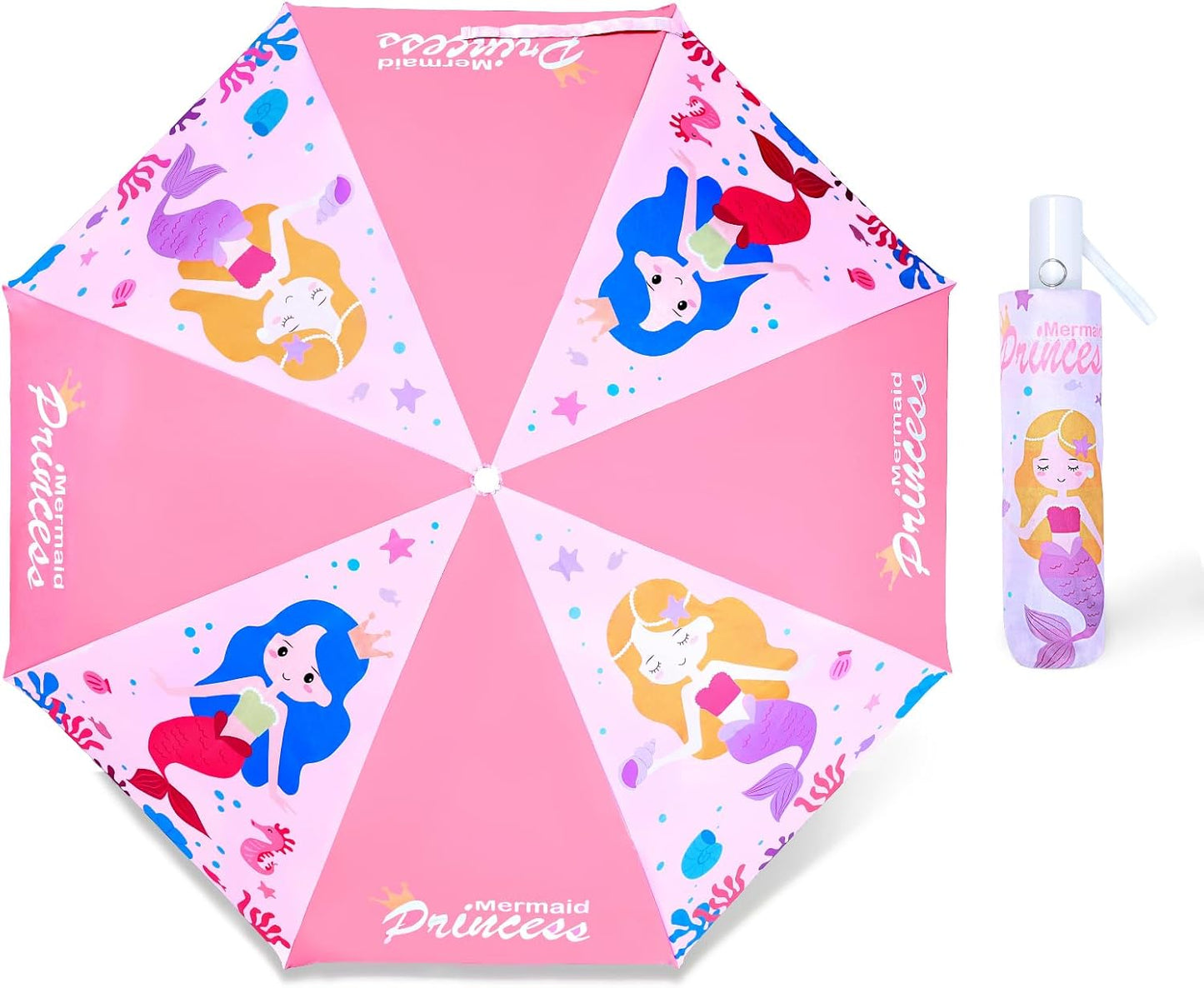 Kids Folding Umbrella Auto Open/Close Anti-rebound Safe Design UV Resistant Automatic Children Travel Umbrellas 8 Rib Reinforced Canopy 360° Reflective Strip Lightweight Cute Umbrella for Girls & Boys