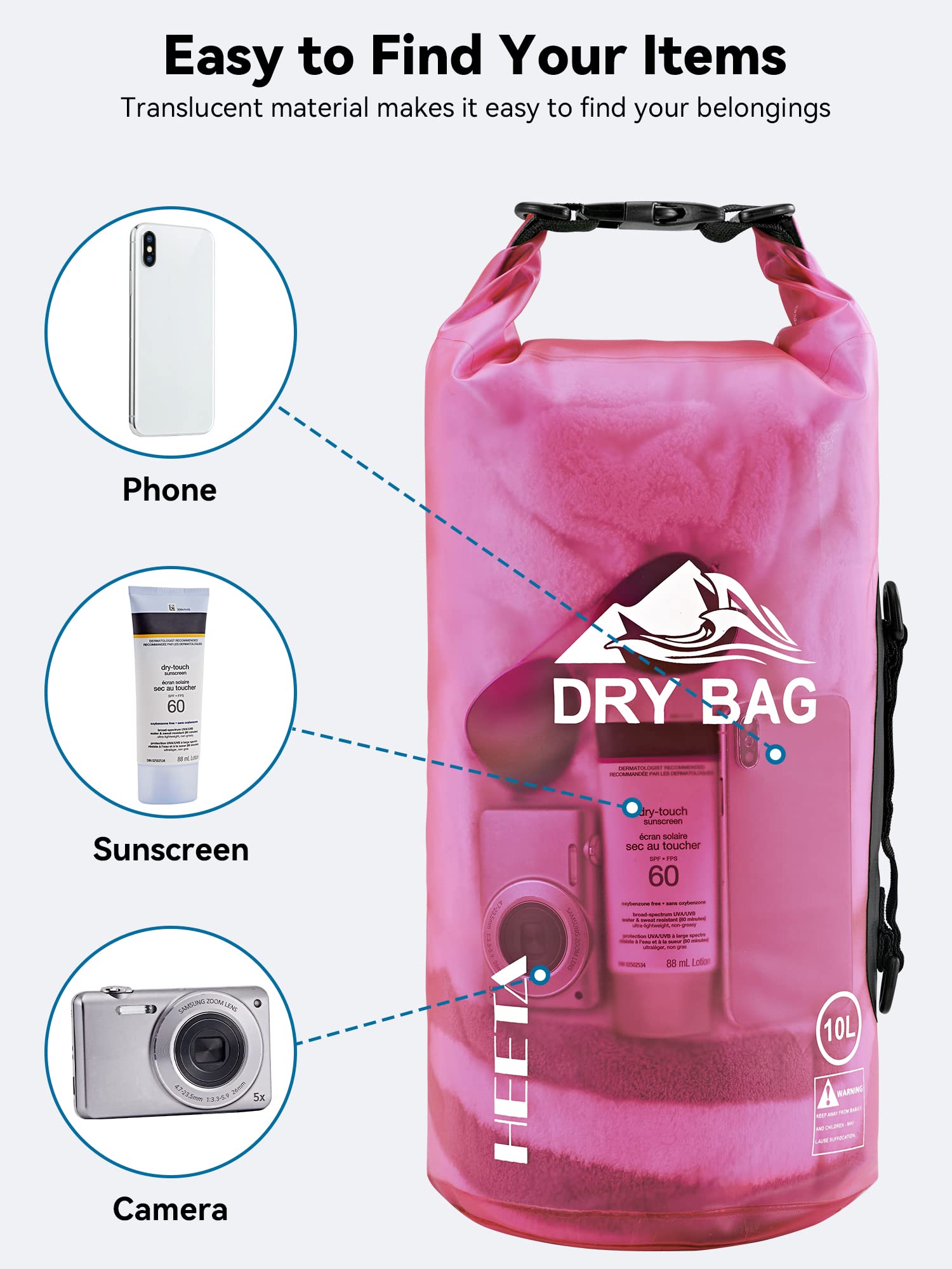 HEETA Dry Bag Waterproof for Women Men, Roll Top Lightweight Dry Storage Bag Backpack with Phone