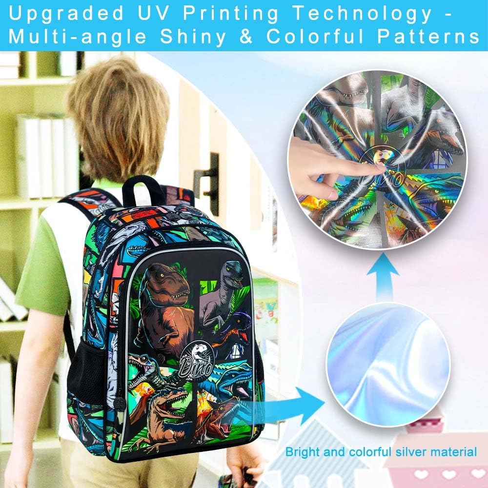 3PCS Dinosaur Backpack for Boys, 16 Inch Kids Water Resistant Preschool Elementary Kindergarten Bookbags and Lunch Box