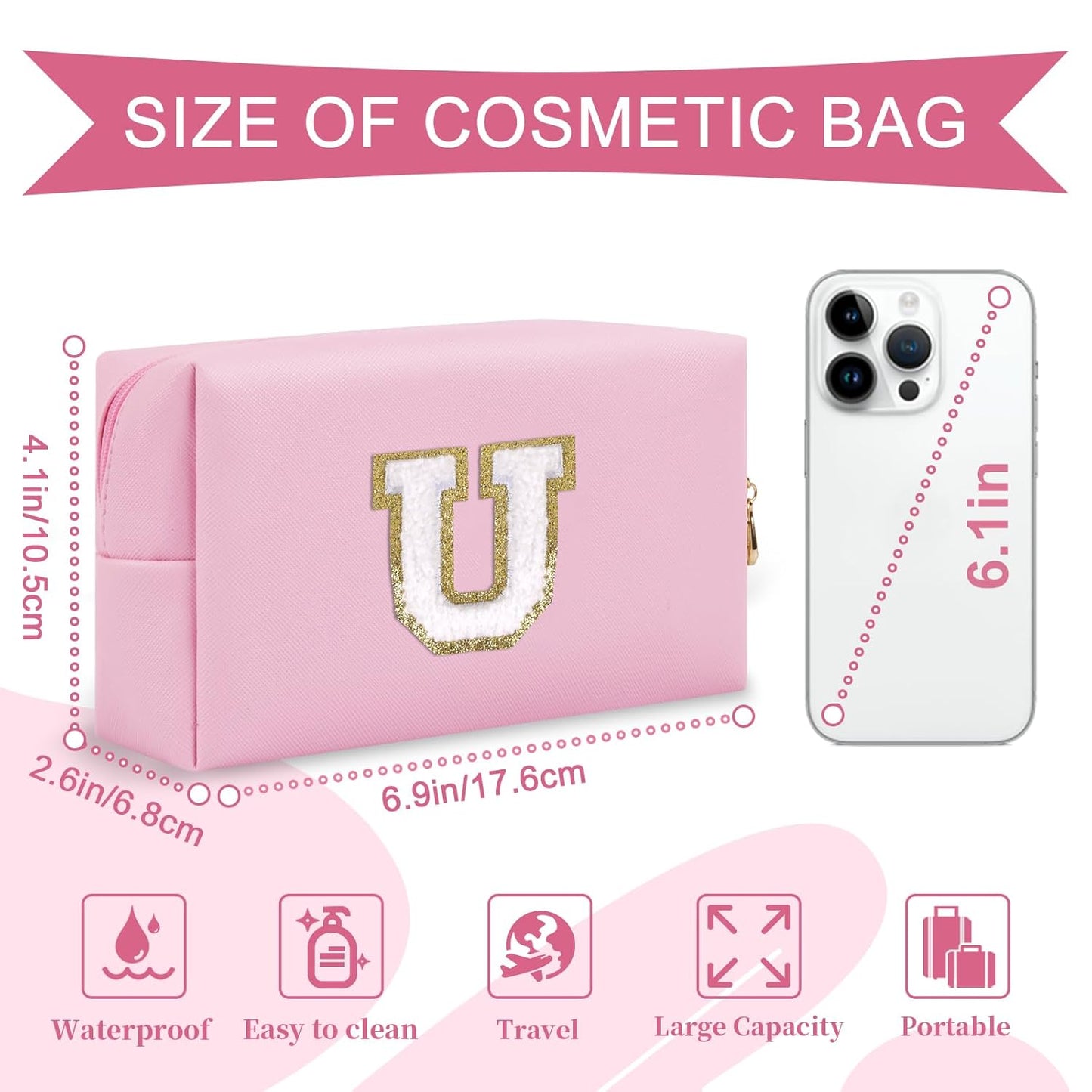 Personalized Initial A-Z Preppy Patch Makeup Bag,Small PU Chenille Letter Cosmetic Bag with Zipper for Teen Girls,Pink Cute Toiletry Organizer Bag,Monogram Makeup Case Gift for Women Girls,Letter U